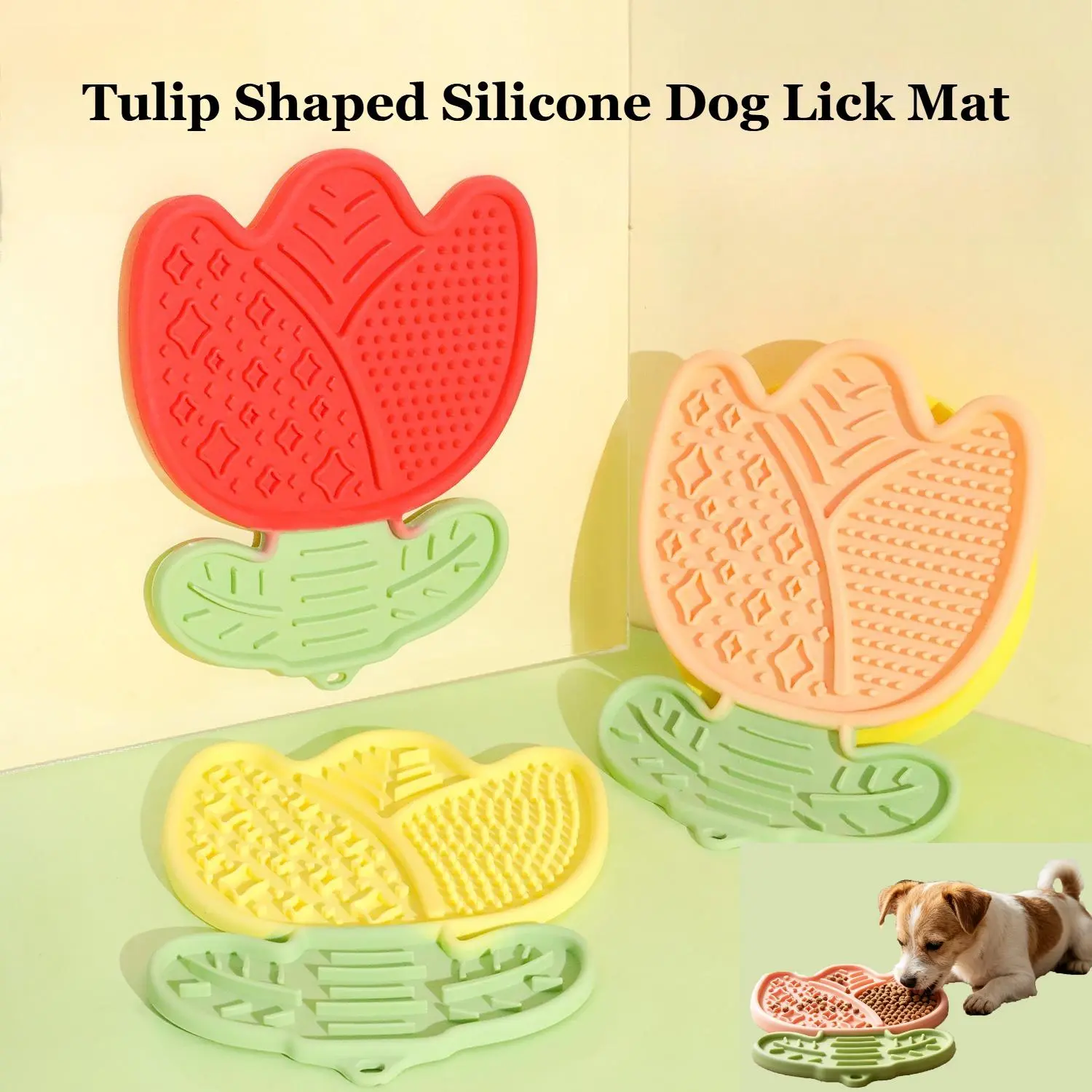 2PCS Tulip Shaped Silicone Cat Dog Lick Mat Multi-Zone Slow Feeder Anti-Choking Pet Lick Pad with Strong Suction Cups for Small Medium Cats Dogs 3 Colors Available