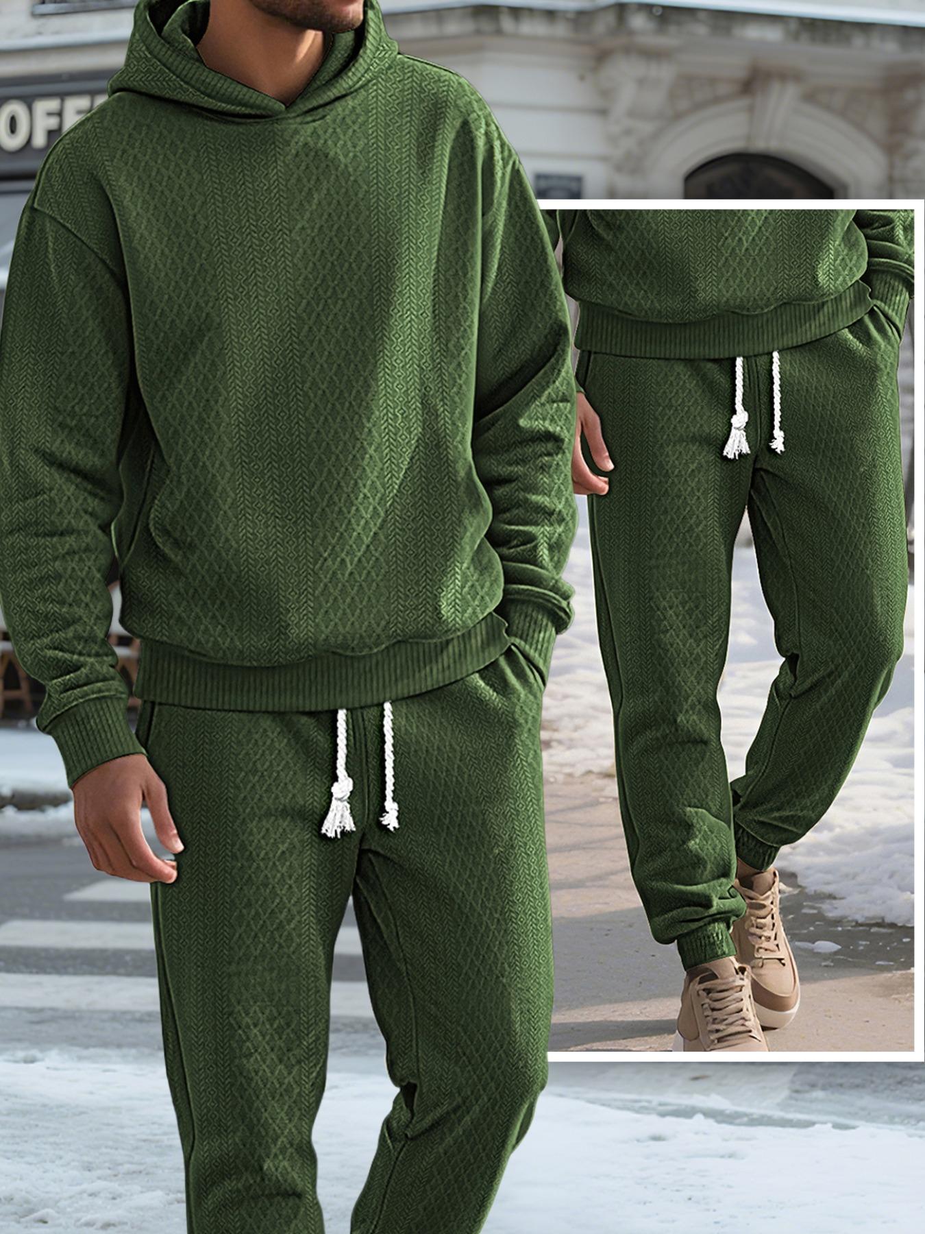 Two-piece men's solid color hooded sweatshirt and drawstring pants set, jacquard texture casual long-sleeved top with long pants autumn and winter men's clothing set, sportswear jumpsuit, Fall outfit, Sweatsuit Sets