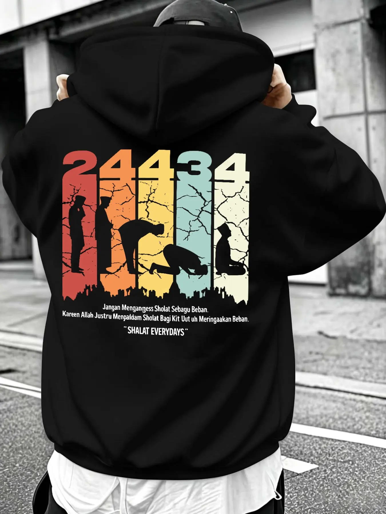 Men's Thick Casual Hooded Sweatshirt, Islamic Prayer Figure Gradient Print, Slim-Fit Streetwear, Drawstring Pockets, Long Sleeve, Graphic Print Hoodie