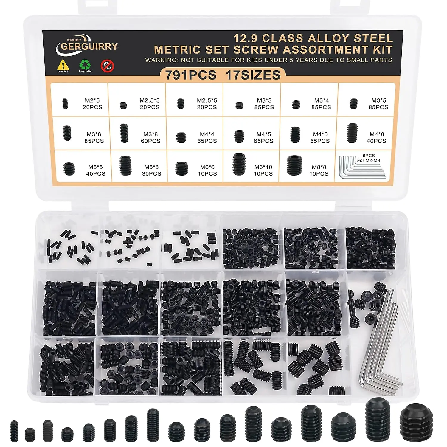 791 count Metric Set Screw  Kit, 12.9 Alloy Steel Set Screws | 17 Sizes Internal Hex Drive Cup-Point Grub Screws for Bathroom Fixtures, Door Handles, M2, M2.5, M3, M4, M5, M6 & M8
