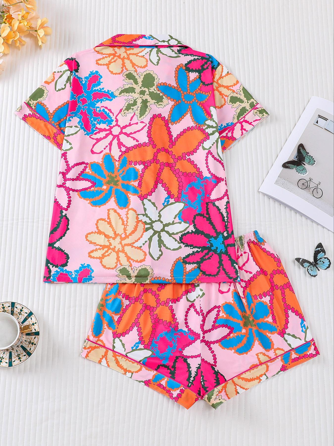 Women's Leopard Print Cherry Bow Sleepwear Pajama Set, Short Sleeve Shirt Collar Button Soft Top & Elastic Shorts, Casual Home Wear