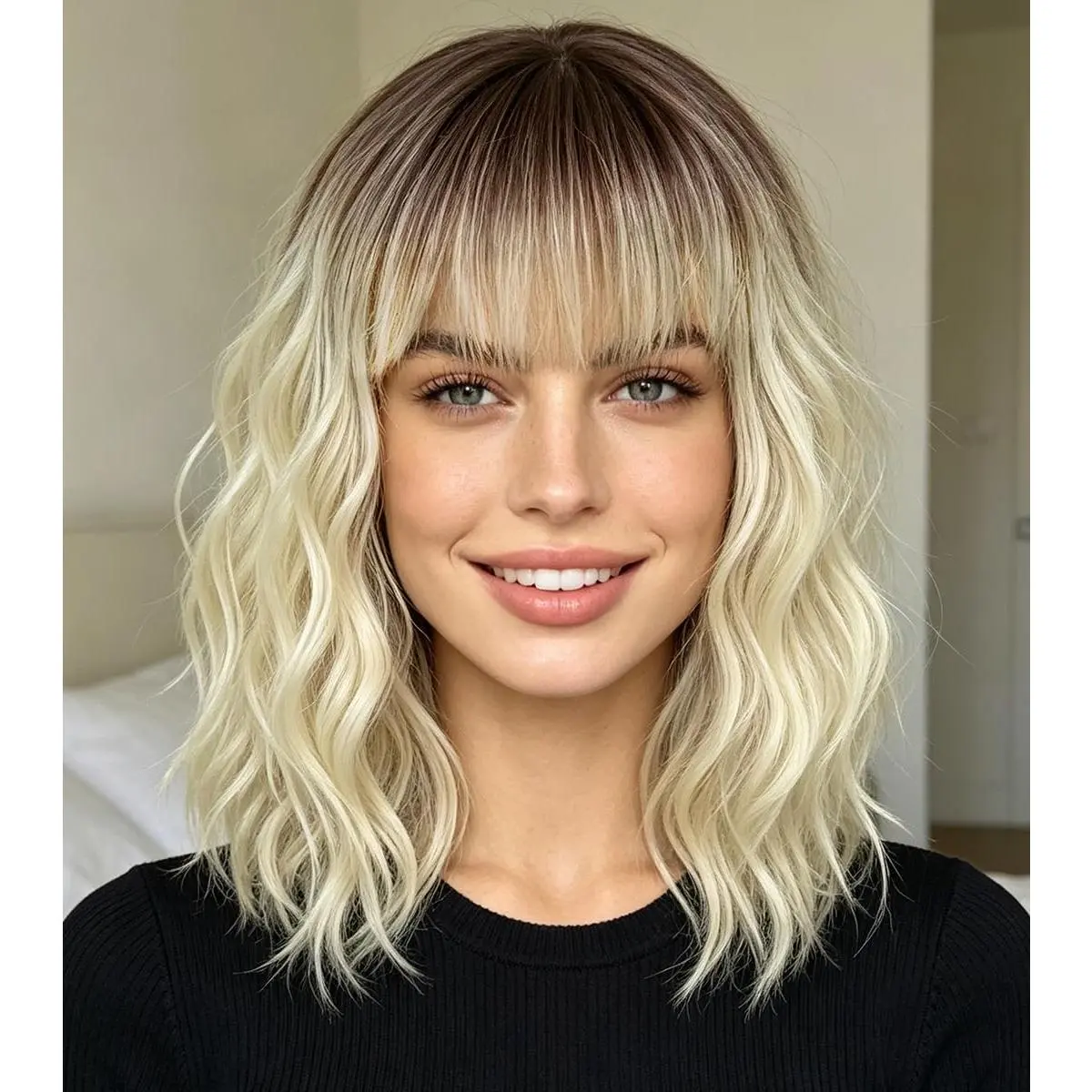 Blonde Wig with Bangs,14 Inch Short Wavy Curly Bob Hair | -framing,Soft waves,Beginner friendly, shine,Trimmable bangs,Adjustable,Easy daily wear,photos,Halloween costume