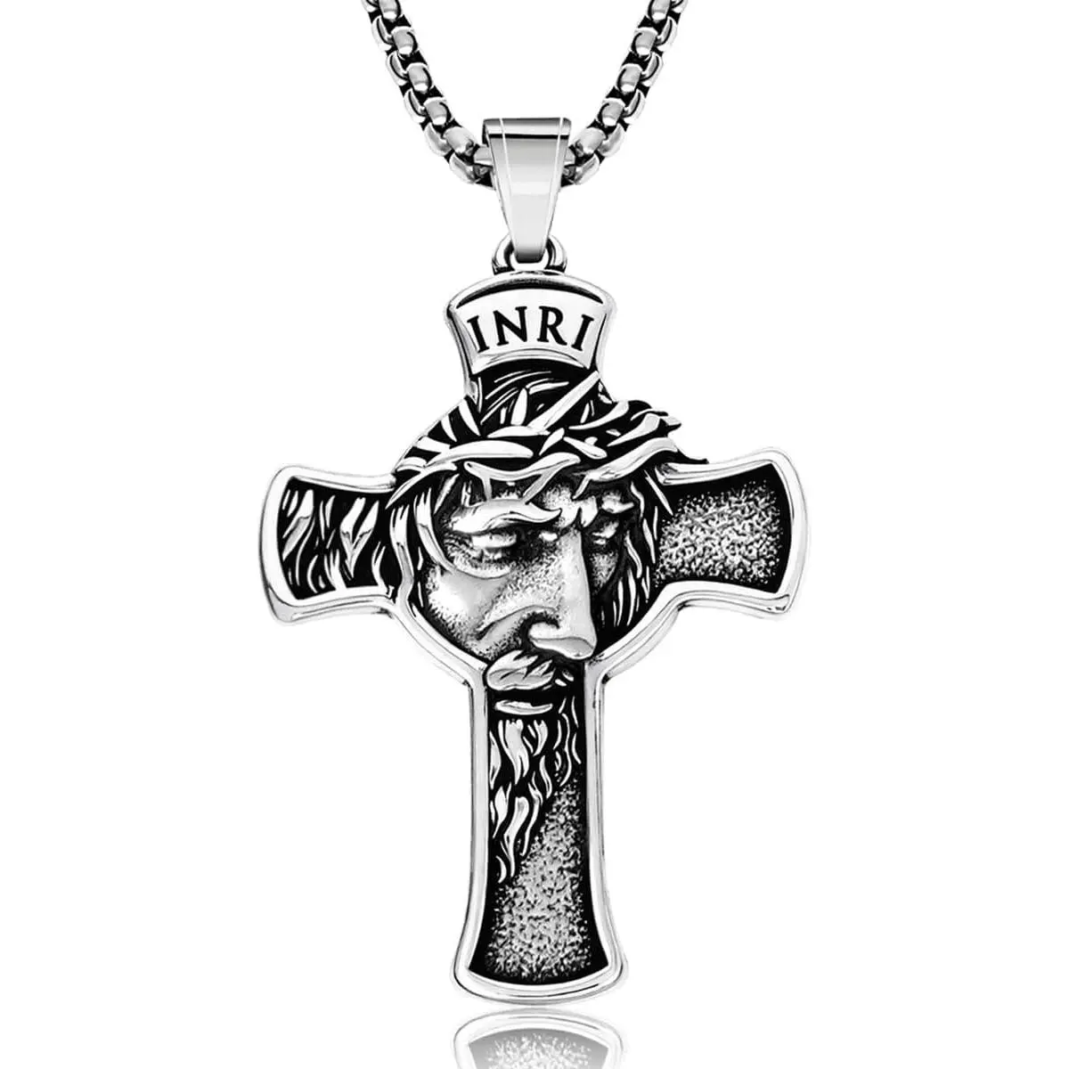Catholic INRI Crucifix Necklace for Men & Women Stainless Steel  Crown of Thorns  Pendant
