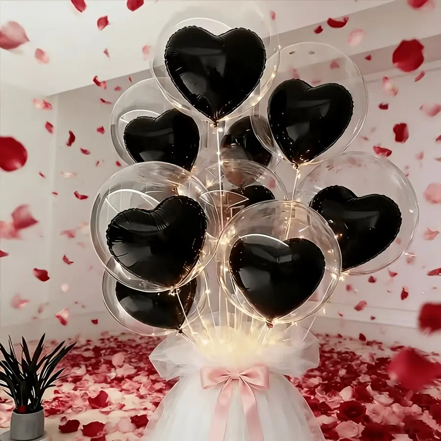 10Pcs Black Heart Clear Bobo Balloon Decor Set, 10Pcs 20 Inch Transparent Bobo Balloons with 10Pcs 10 Inch Black Heart Balloons, Romantic Decor for Confession, Proposal, Anniversary, Bedroom Layout, Surprise Party & Ambiance Decoration