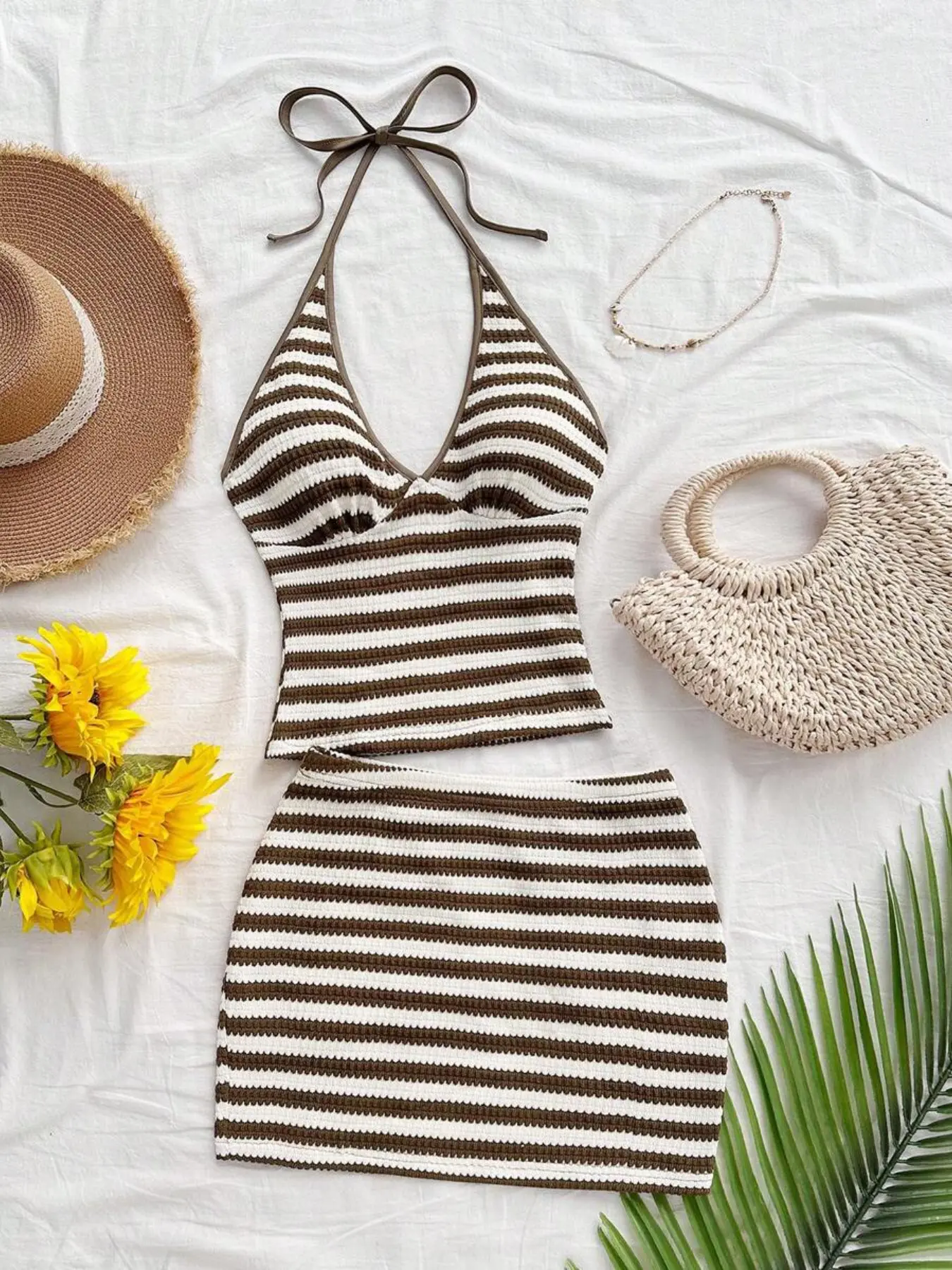 Women's Two-Piece Striped Backless Top and Mini Skirt Set, Beach Vacation, Summer Beachwear for Women, Casual Style