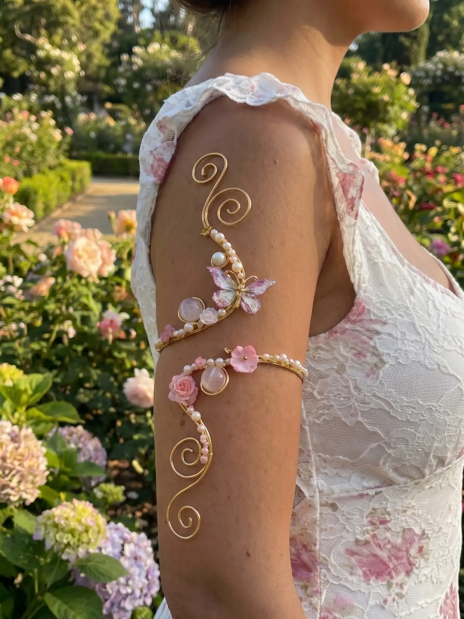 Butterfly Flower Floral Pearl Arm Ring Bracelets, Boho Fairy Style, Spiral Hollow Design, Butterfly Pattern, Beach Party Wedding Accessory