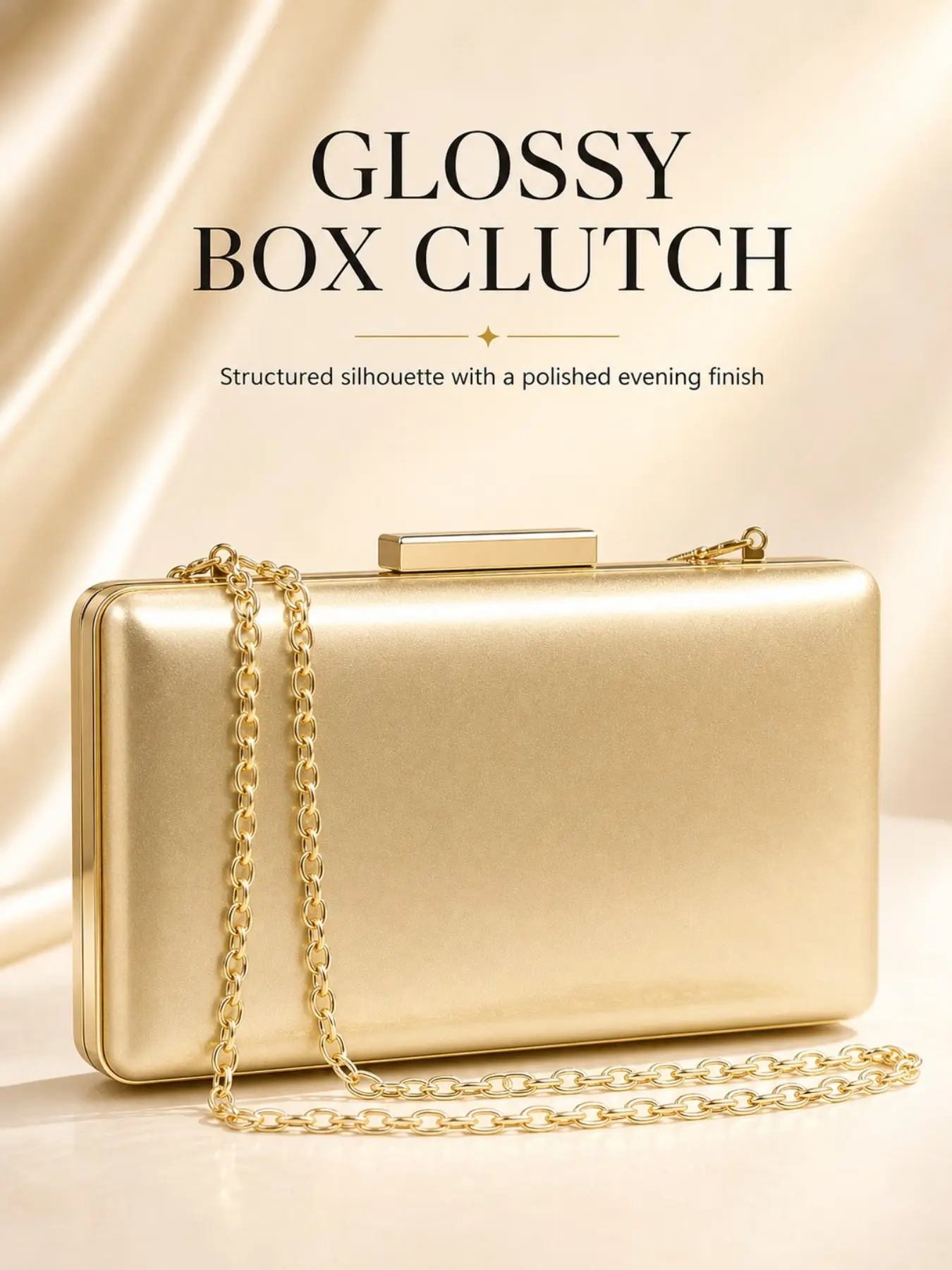 Shiny Hard Chain Evening Clutch Bag, Elegant Solid Color, Detachable Metal Strap, Lock Closure, Fits Phone & Cosmetics, Perfect for Weddings & Parties, Formal Purse