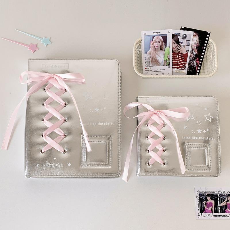 Silver Leather PU Photo Album Ballet Ribbon Photocard Binder 3 Inch Kpop Idol Card Collection Book A5 A7 Photo Albums INS Style