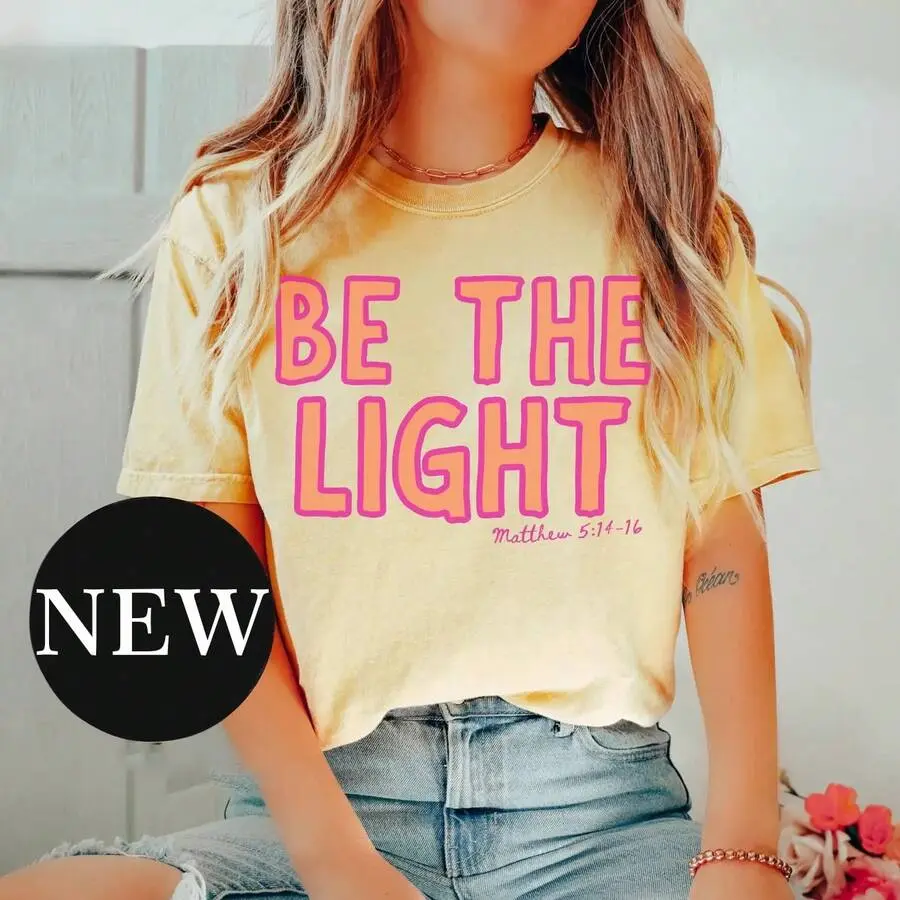 Women's Be The Light Matthew Bible Verse Christian Faith Graphic T-Shirt, Breathable Regular-Fit Casual Cotton Graphic Tees, Short-Sleeve Sports Top for Outdoor Activities