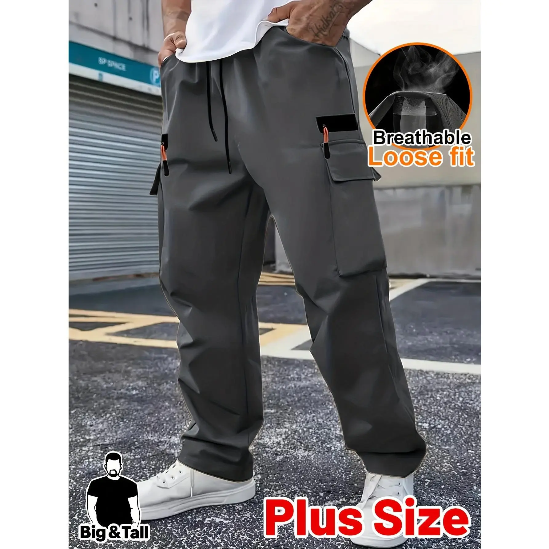 Big & Tall Men’s Athletic Jogger Trousers, Thin Lightweight Air‑Permeable Bottoms, Adjustable Drawstring Waistband, Decorative Faux Zipper Pockets, Versatile Long Pants for Everyday Casual Looks and Running Exercise Sessions