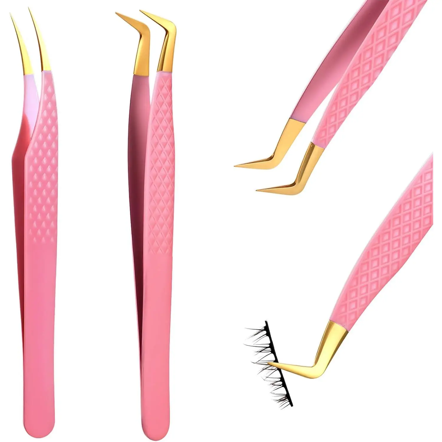 Lash Tweezers for Eyelash Extensions, 2 PCS Pink Stainless Steel Eyelash Tweezers Set Premium Curved Tip Precision Lash Tweezer Professional False Eyelashes Application Tools