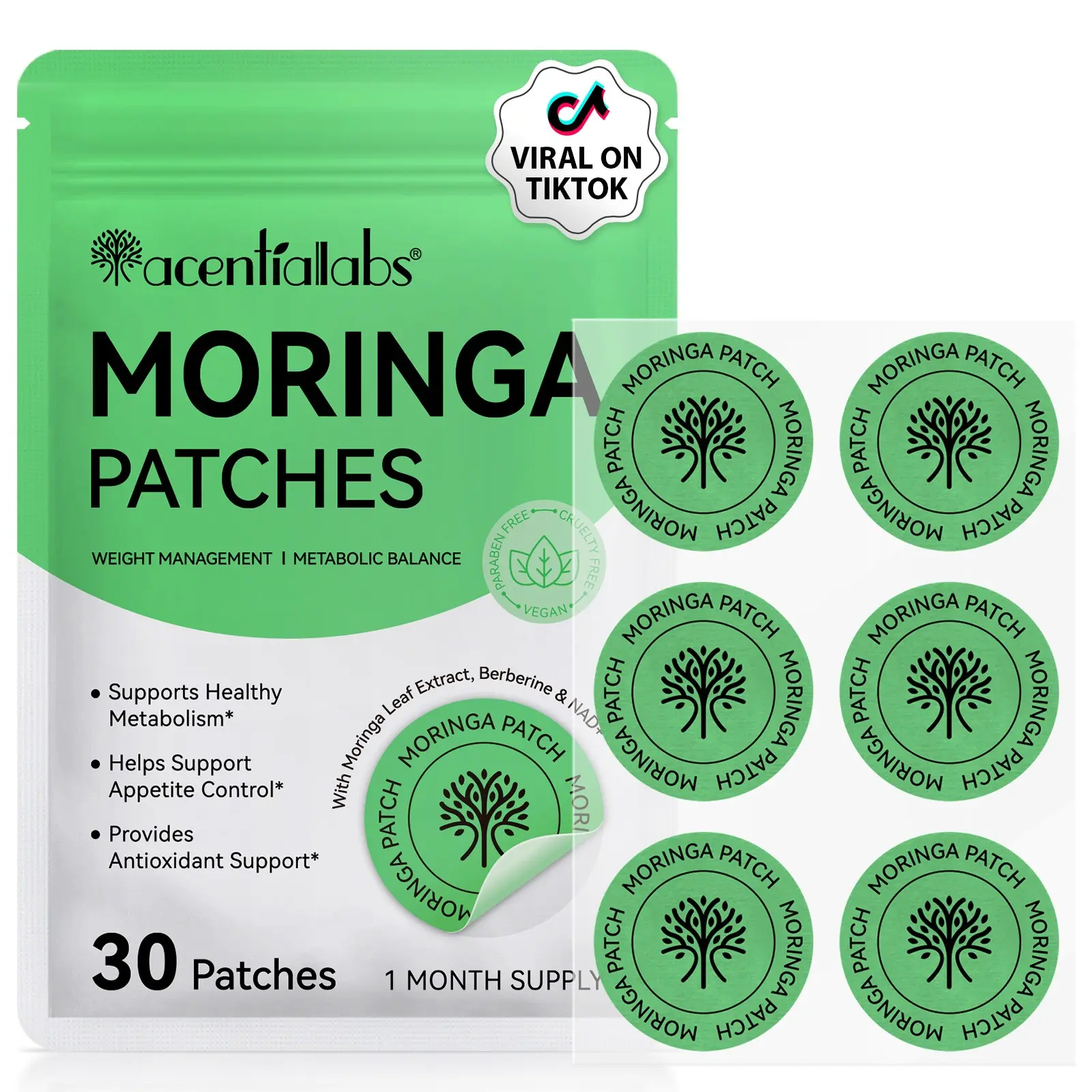 acentiallabs Upgraded Moringa Patches, 30-Count Pack—Advanced moringa patches, natural daily body patches suitable for both men and women, with a gentle formula suitable for all skin types