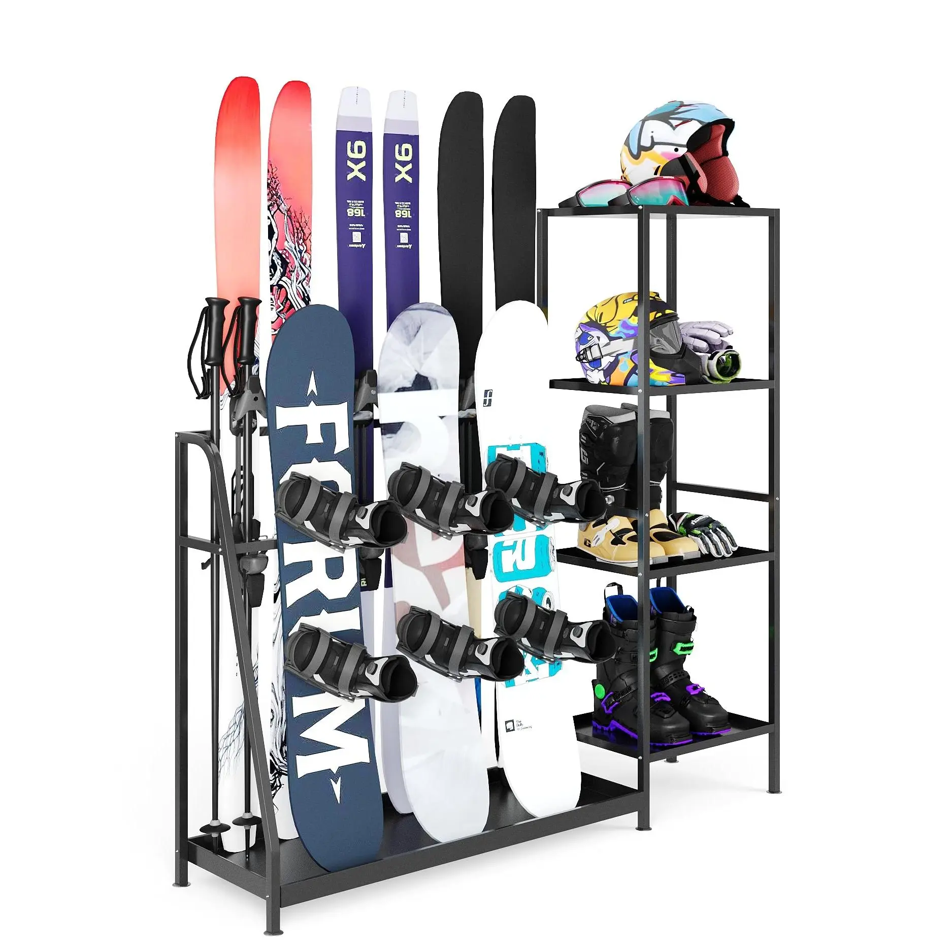Garvee Heavy Duty Steel Ski Storage Rack - Multipurpose Organizer for Garage, Basement, or Home - Holds Skis, Poles, Goggles, Helmets & More - Durable Floor Stand, Black, 48L×11.8W×46H cm