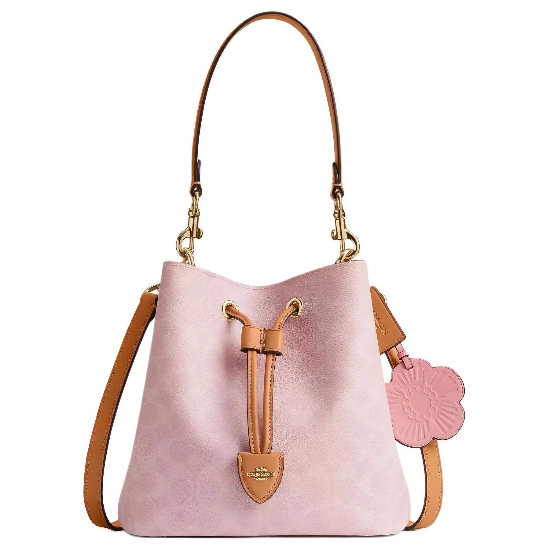 COACH Rowan 21 Valentine’s Limited Edition Classic Monogram Detachable Strap Lucky Bucket Bag for Women, Faux Leather, Crossbody/Shoulder/Handheld, Small, Sakura Pink