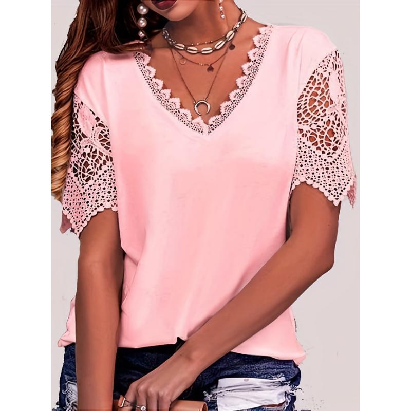 Elegant Plus-Size White V-Neck T-Shirt with Lace Detailing,Short Sleeve,Semi-Sheer Summer Top for Women,Plus Size Blouses Collar Fabric Spandex Casual