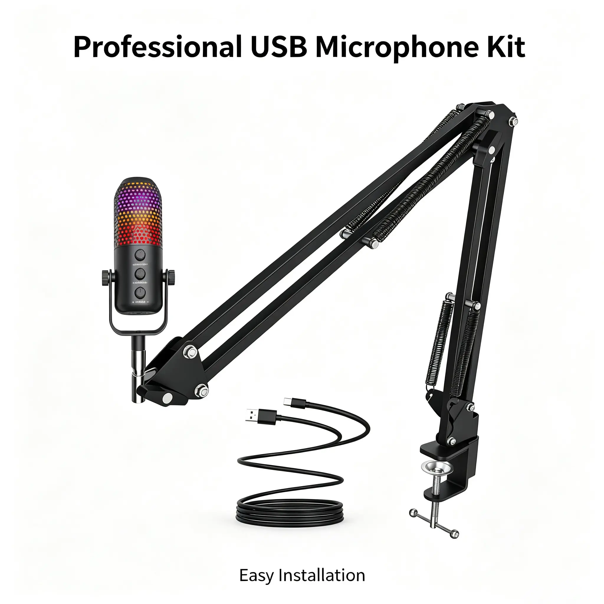 Dynamic USB/XLR Gaming Microphone with Noise Cancelling, RGB Lighting, Tap-to-Mute & Gain Control, Streaming Mic with Adjustable Boom Arm Stand, Professional Podcast Content Creator Microphone, Black