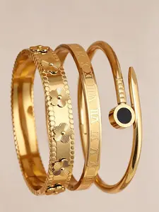 18K Gold Plated Stainless Steel Floral Bangle Bracelet, Exquisite Bangle, Suitable For Women's Daily Wear, Classic Flower And Roman Numeral Rivet Design, Waterproof, European And American Style, Casual, Wedding, Party, Valentine's Day Gift