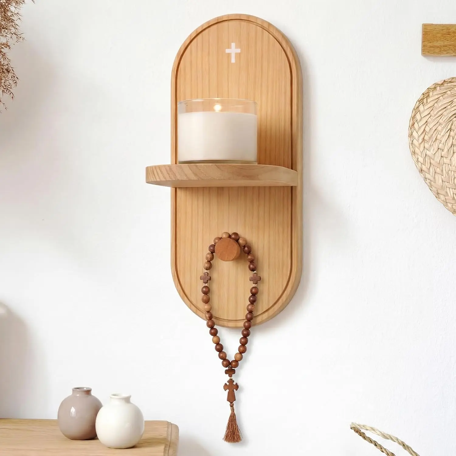 Wooden Christian Rosary Prayer Shelf with Candle Holder Catholic | Wall Mounted Religious Rosary Hanger Holder Catholic, 12.2 x 5.1 x 5.5 Inch, with  Design, for Prayer Beads Candles