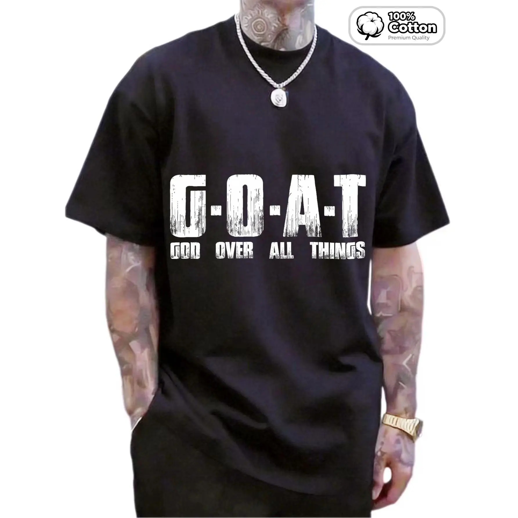 Men's Plus Size Pure Cotton Knit T-Shirt - Round Neck, Stretch Fabric, "G-O-A-T God Over All Things" Print, 3XL-5XL, Casual Summer Wear, Menswear Gift
