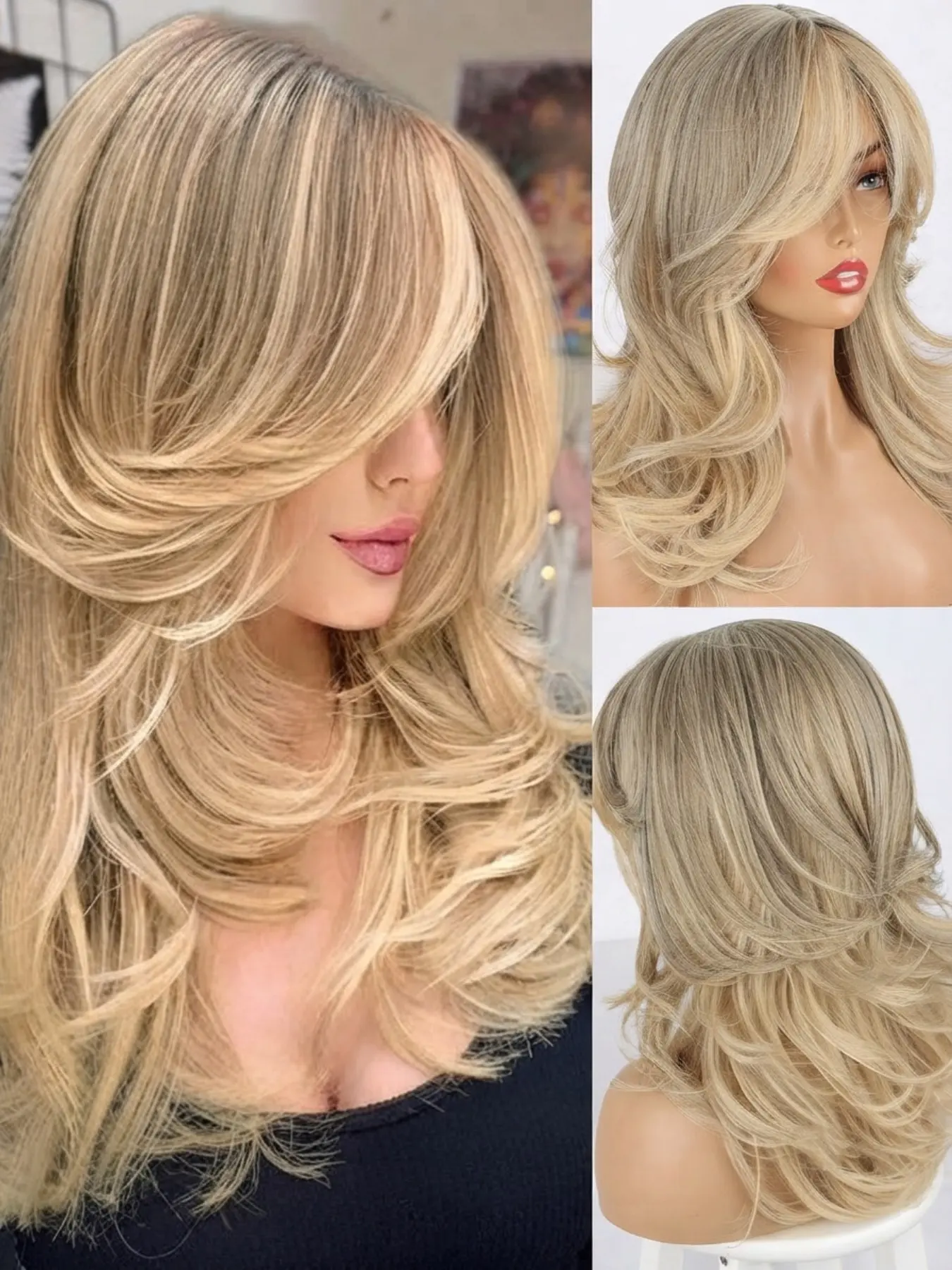 18-Inch Long Wavy Layered Wig with Bangs, Synthetic Platinum Blonde Highlight Wig, Suitable for Women, Daily Party Use