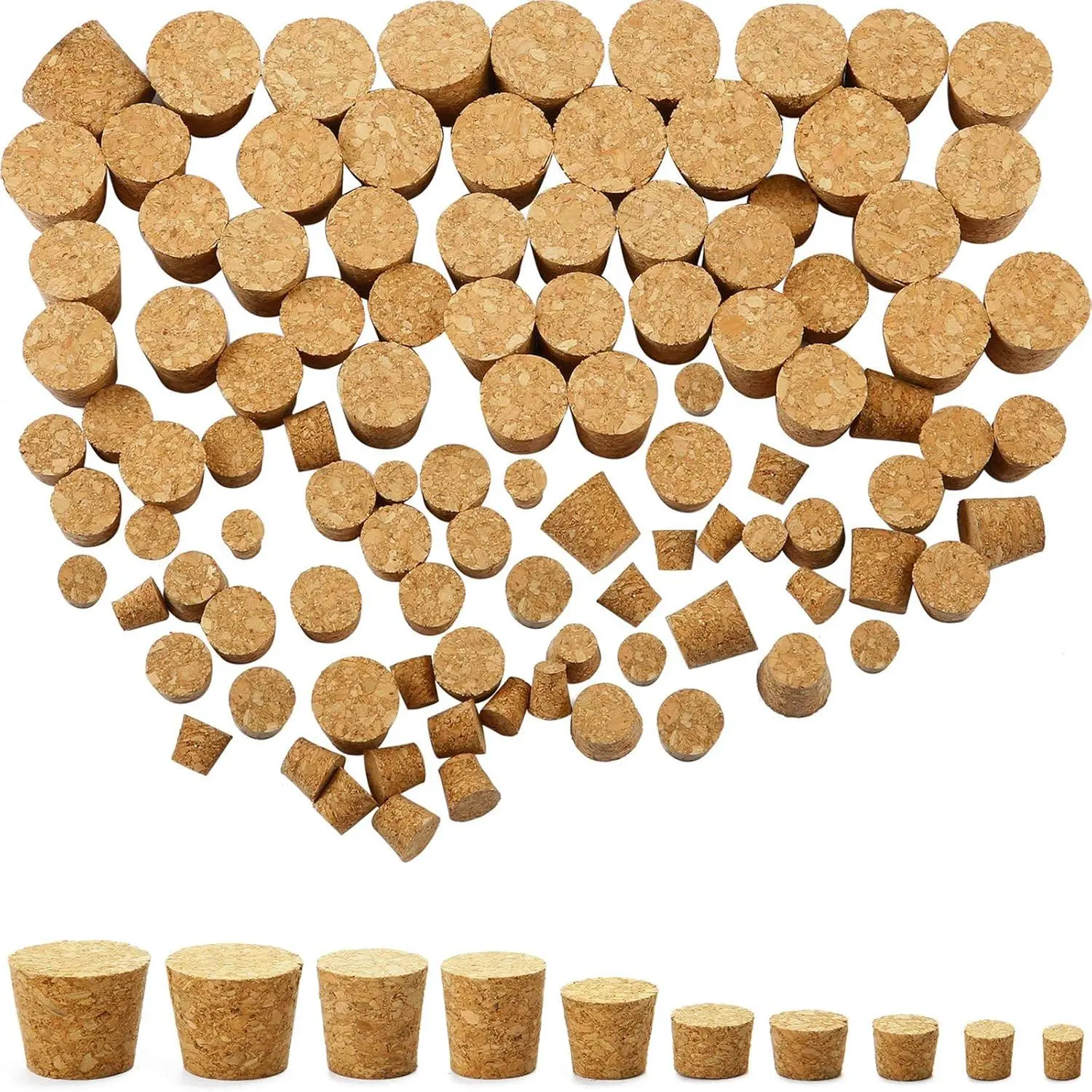 100 Pack Assorted Cork Stoppers Wine Bottle Corks Plugs 10 Sizes Replacement Tapered Wooden Wine Stoppers for Apothecary Jar Small Bottle DIY Projects