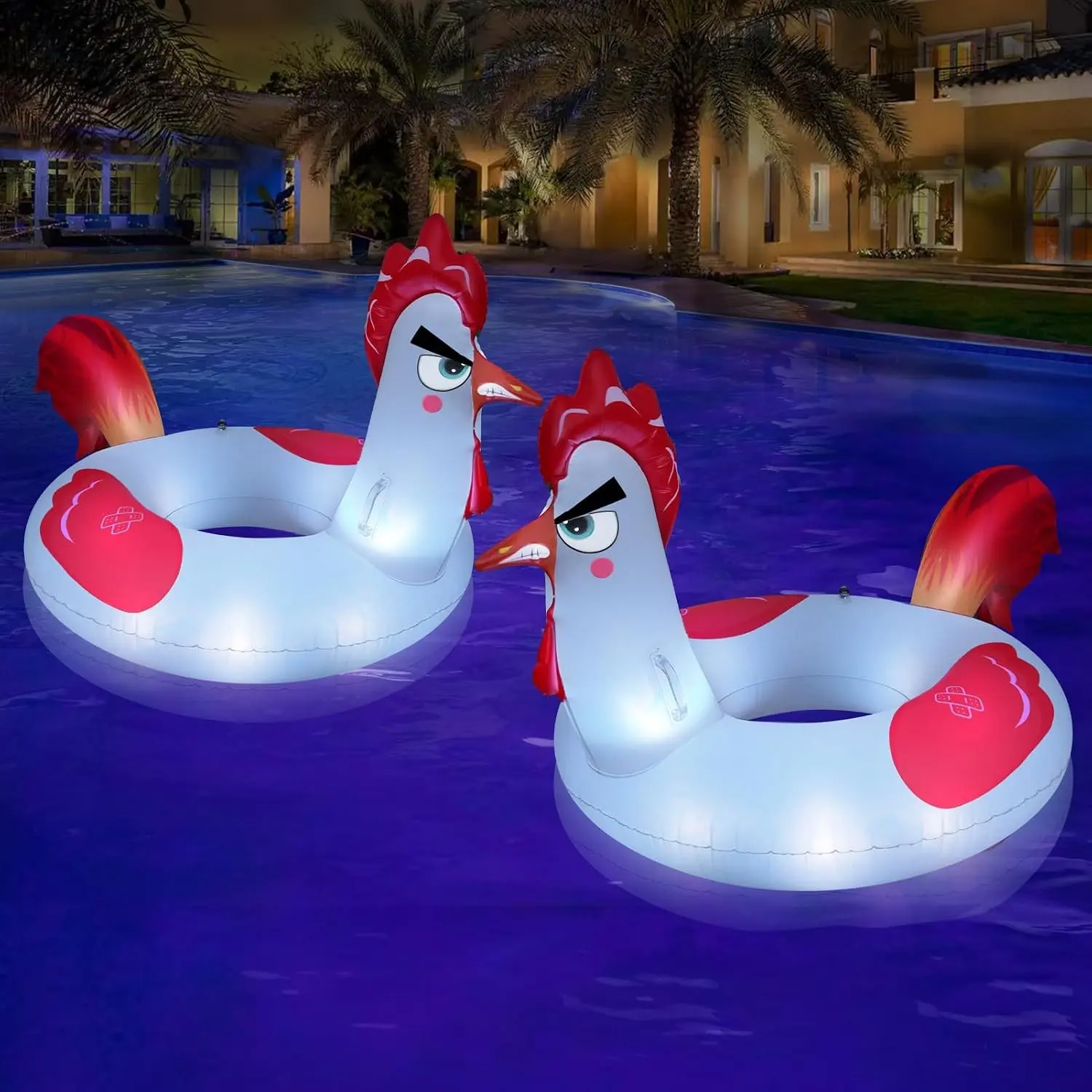 63" Inflatable Chicken Pool Float with Solar RGB Color Changing Lights, Large Pool Floaties for Adults with 2 Handles, Swimming Pool Float for Party Beach Water Activities