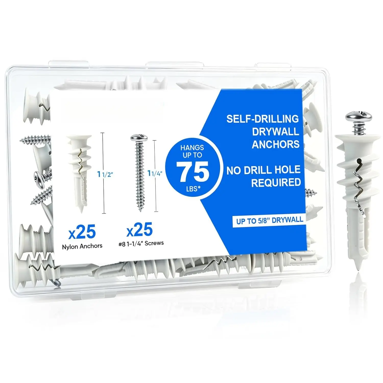 50 count Self Drilling Drywall Anchors and Screws Kit, No Pre-Drill Required, Plastic Wall Anchors for Drywall with #8 x 1-1/4" Screw, Holds Up to 75 lbs, Sheetrock Anchors for Picture