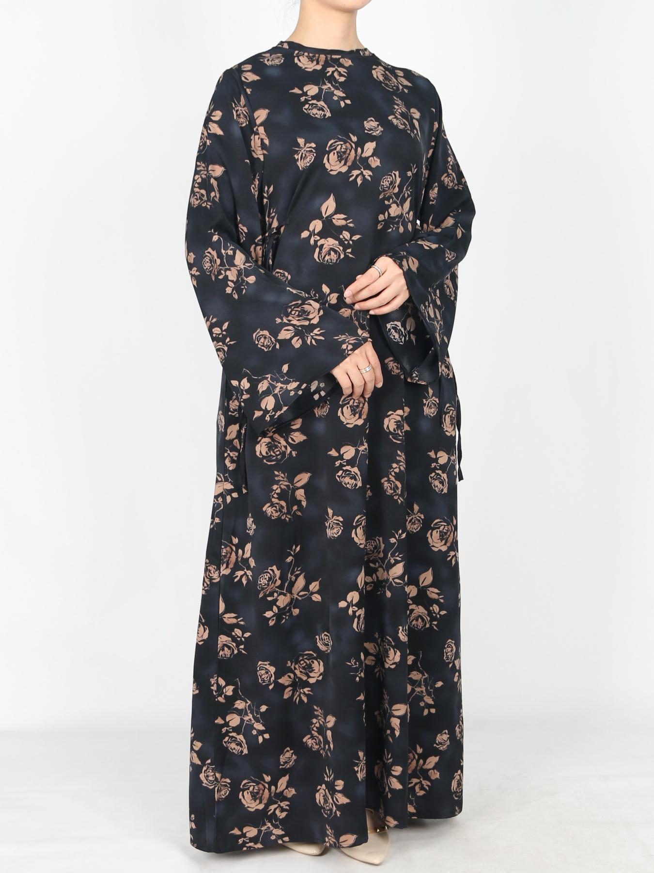 Women's Tie Side Zipper Back Dress, Elegant Long Sleeve Belted Abaya Dress for Daily Wear, Ladies Islamic Clothing for All Seasons