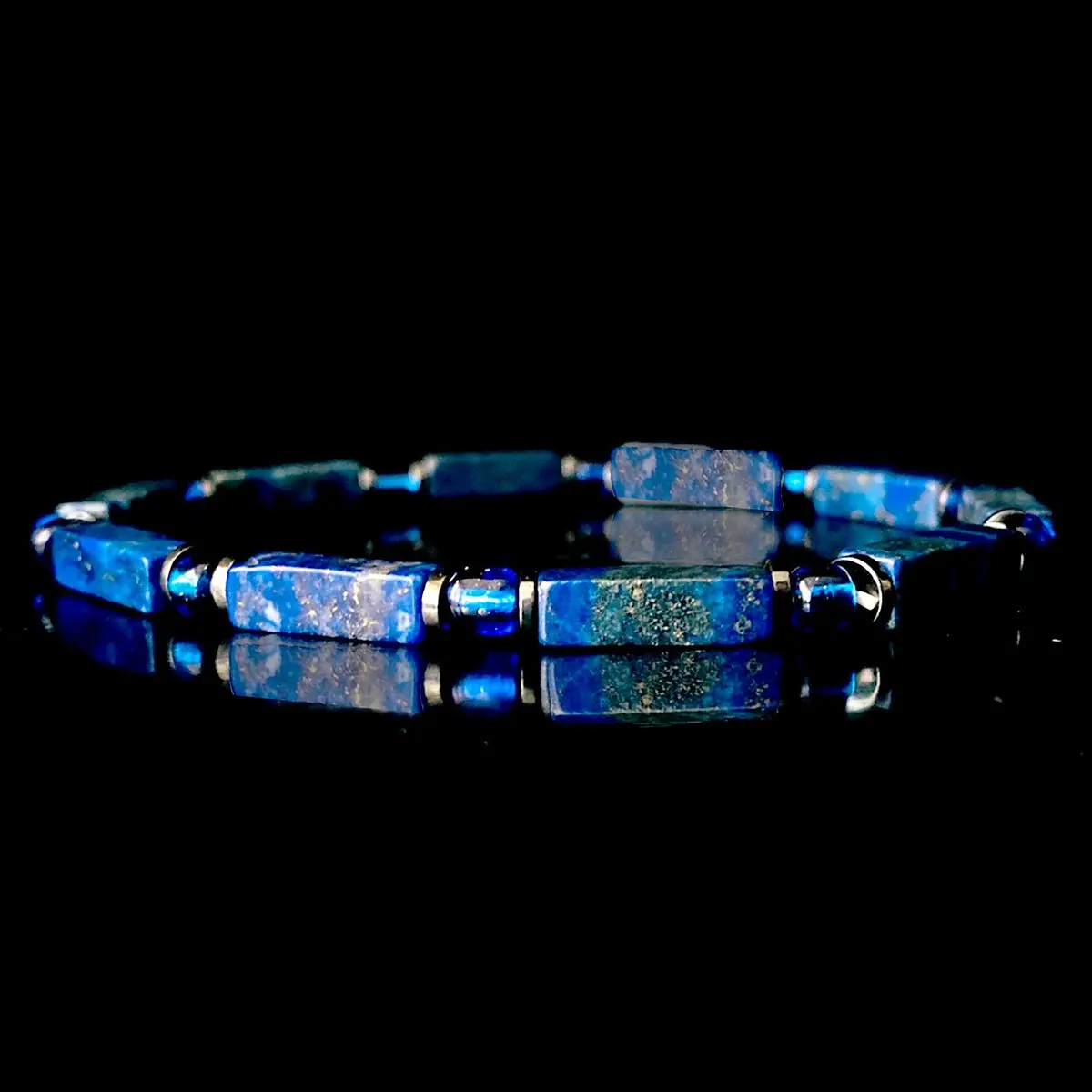 Vintage Lapis Lazuli Square Bead Memory Bracelet - Handmade Elastic Rope Natural Stone Beads Skin-Friendly Jewelry, Adjustable Wrist Fit, Festive Party Gift for Friends