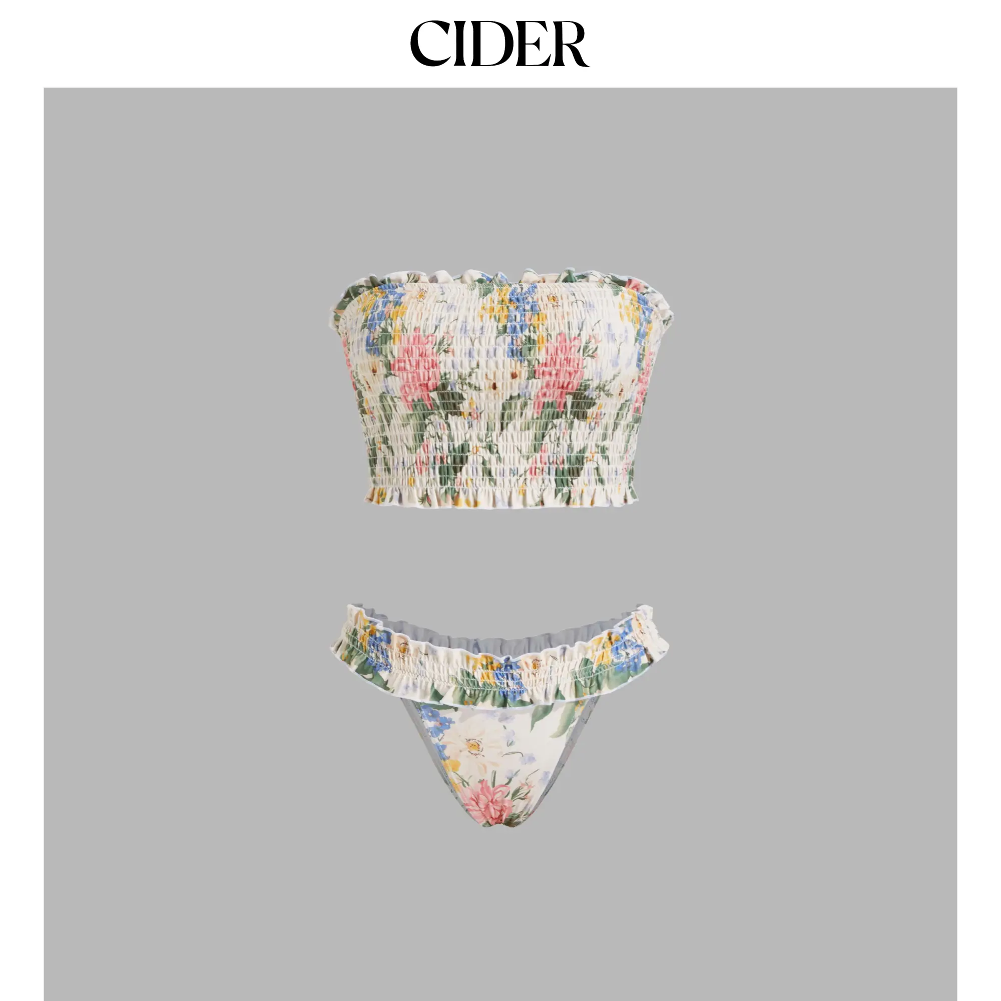 Cider Bandeau Floral Shirred Lettuce Trim Bracelet Bikini Set