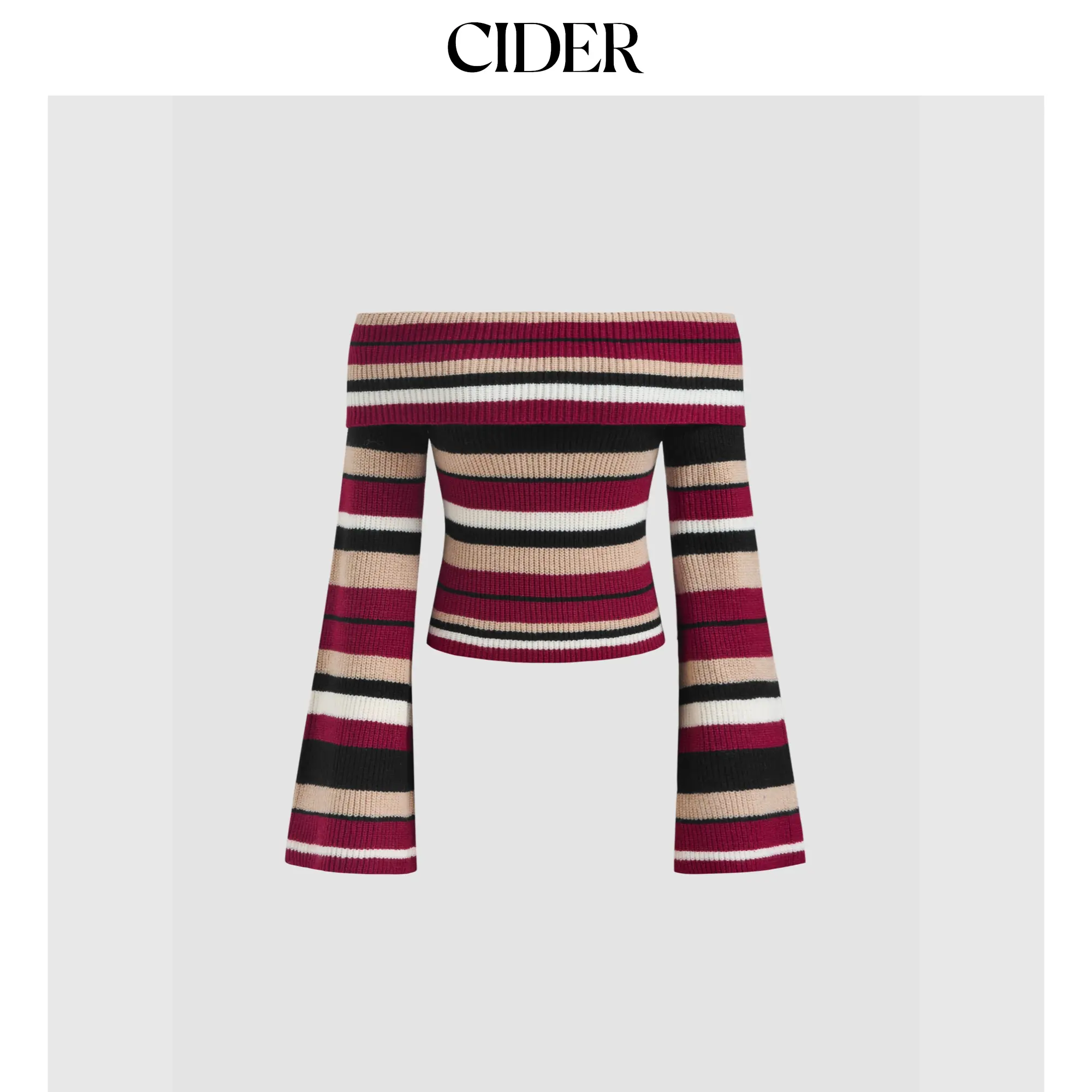 Cider [size 2-10] Knit Off-shoulder Striped Long Sleeve Crop Top