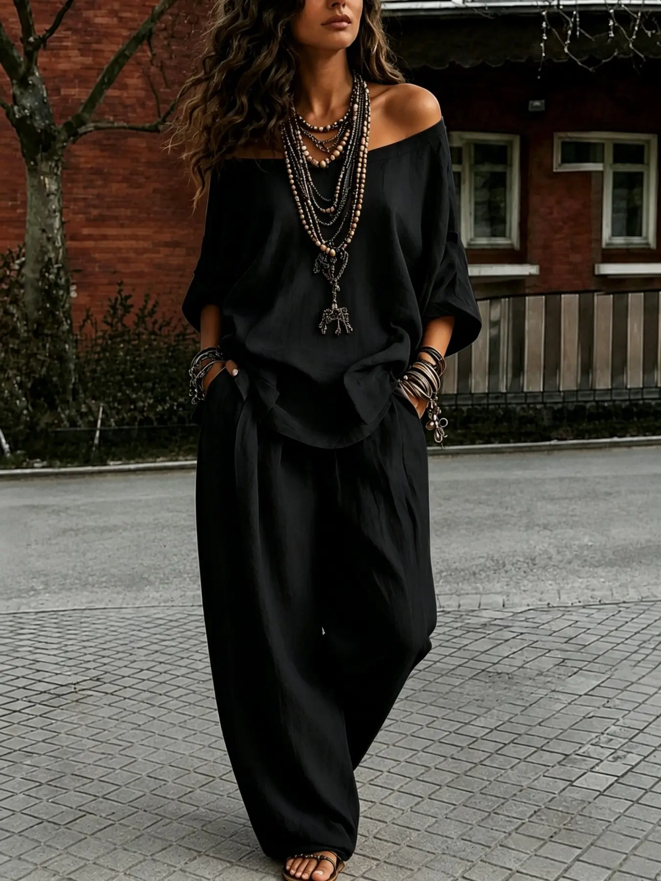 Women's Casual Loose Oversize Sports Two-Piece Set, One Shoulder Sexy off Shoulder, Elastic Waist, Seven Quarter Sleeves, Daily Home Wear