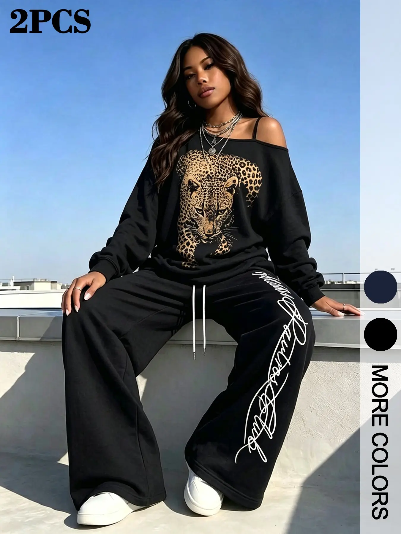 Vintage Leopard Print Off-Shoulder Loose-Fit Long Sleeve T-Shirt & Letter Sweatpants Set, Punk Sweet Cool Girl Casual, Summer Fall Comfortable Knitted Fabric