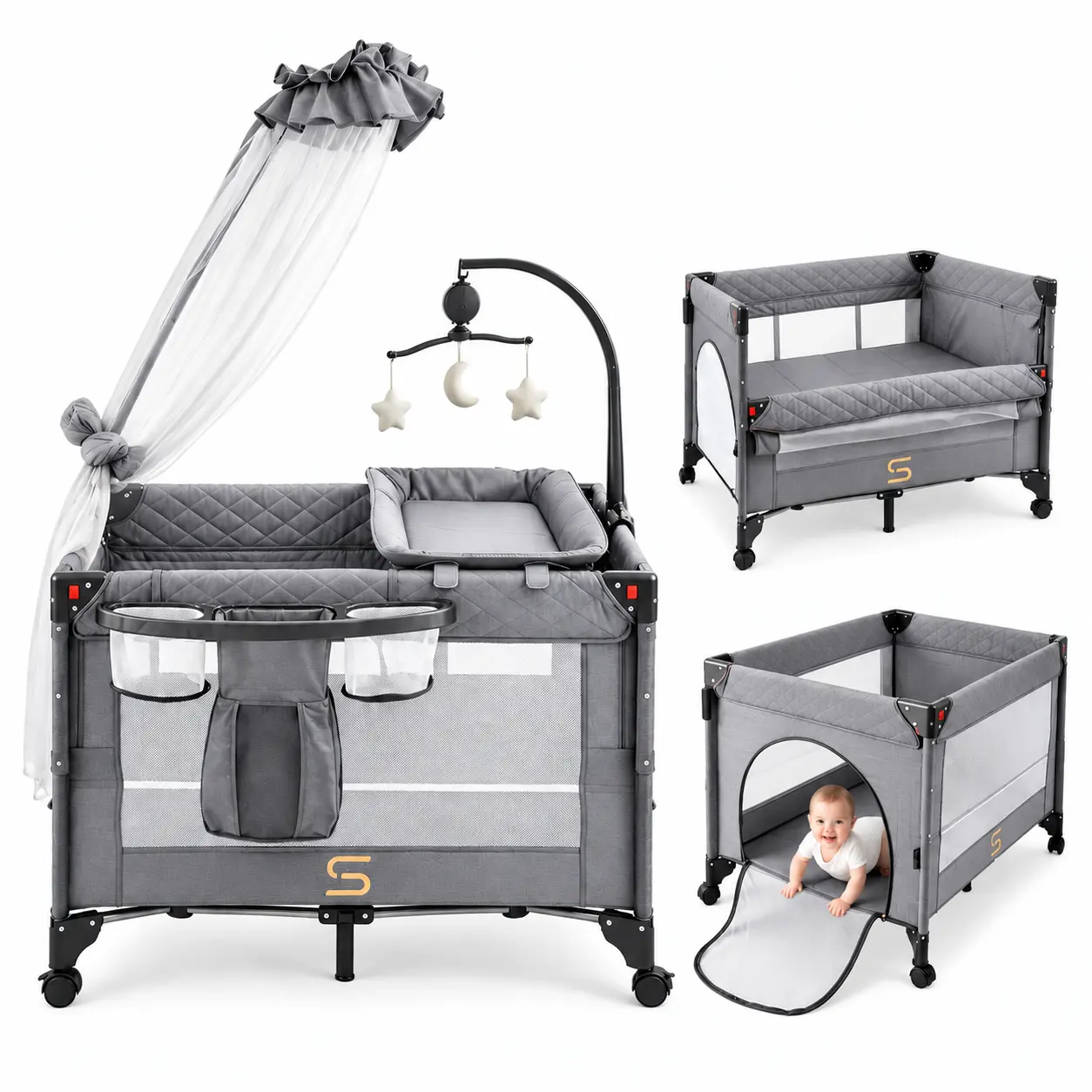 6-in-1 Baby Nursery Center Pack and Play with Bassinet for Baby, Portable Playard, Bedside Sleeper, Travel Crib, Changing Table, 4 Lockable Wheels, Zipper Door, Mosquito Net, Music Toy Bar, Diaper Storage & Carry Bag (Newborns to Toddlers)
