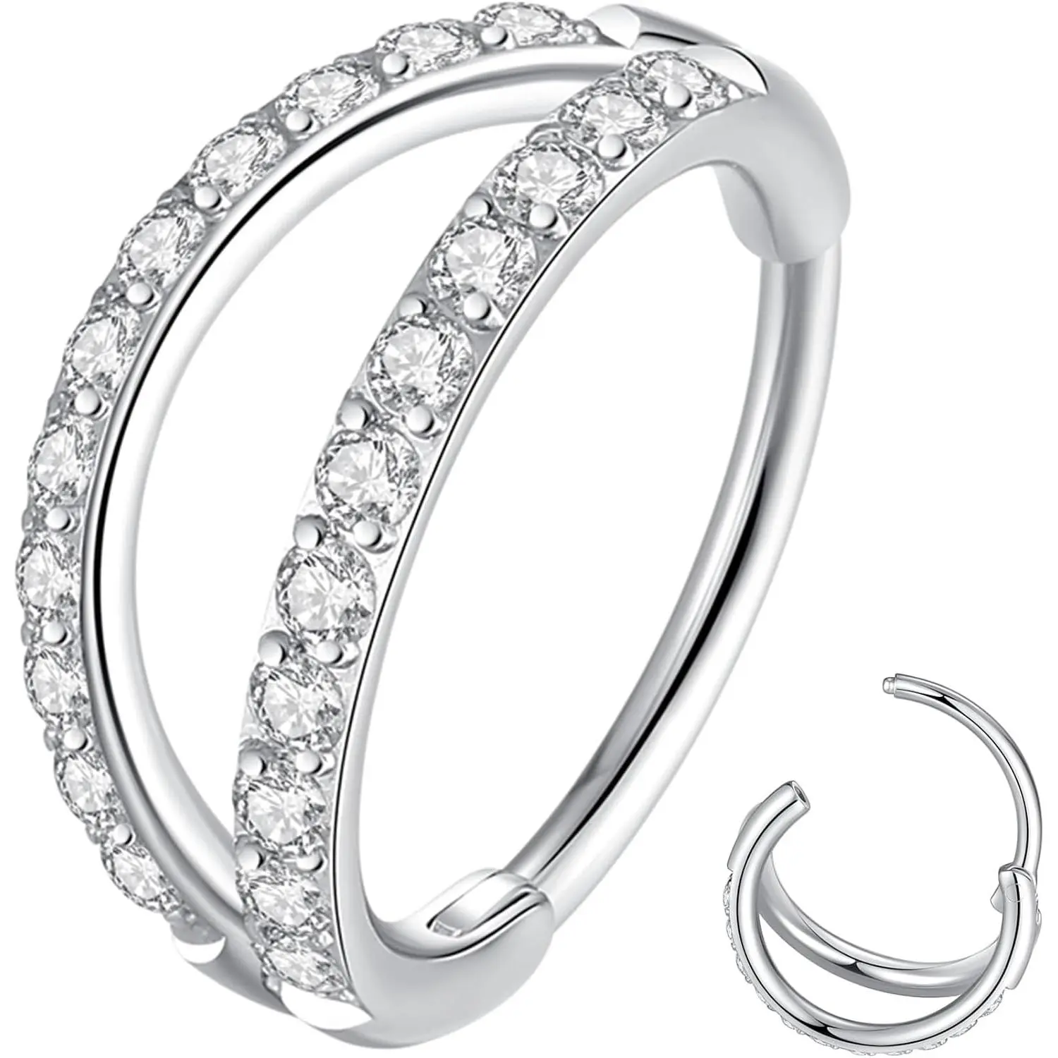 Double Open Stack CZ Nose Ring Hoop 316L Surgical Steel Helix Rook Conch Cartilage Daith Tragus Earrings Hinged Segment Nostril Septum Clicker 20G 18G 16G Lip RingGift