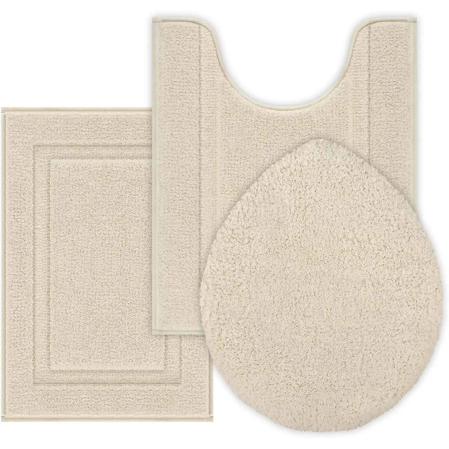 Light Beige Microfiber Bath Rugs Set of 3 - Non-Slip, Washable, Absorbent - 16"x24" Mat, 20"x24" U-Shape Rug, 19"x21" Lid Cover - Ideal for Bathrooms, Shower, Laundry, Everyday Use, Great Gift, Machine-Washable, Water Absorbent