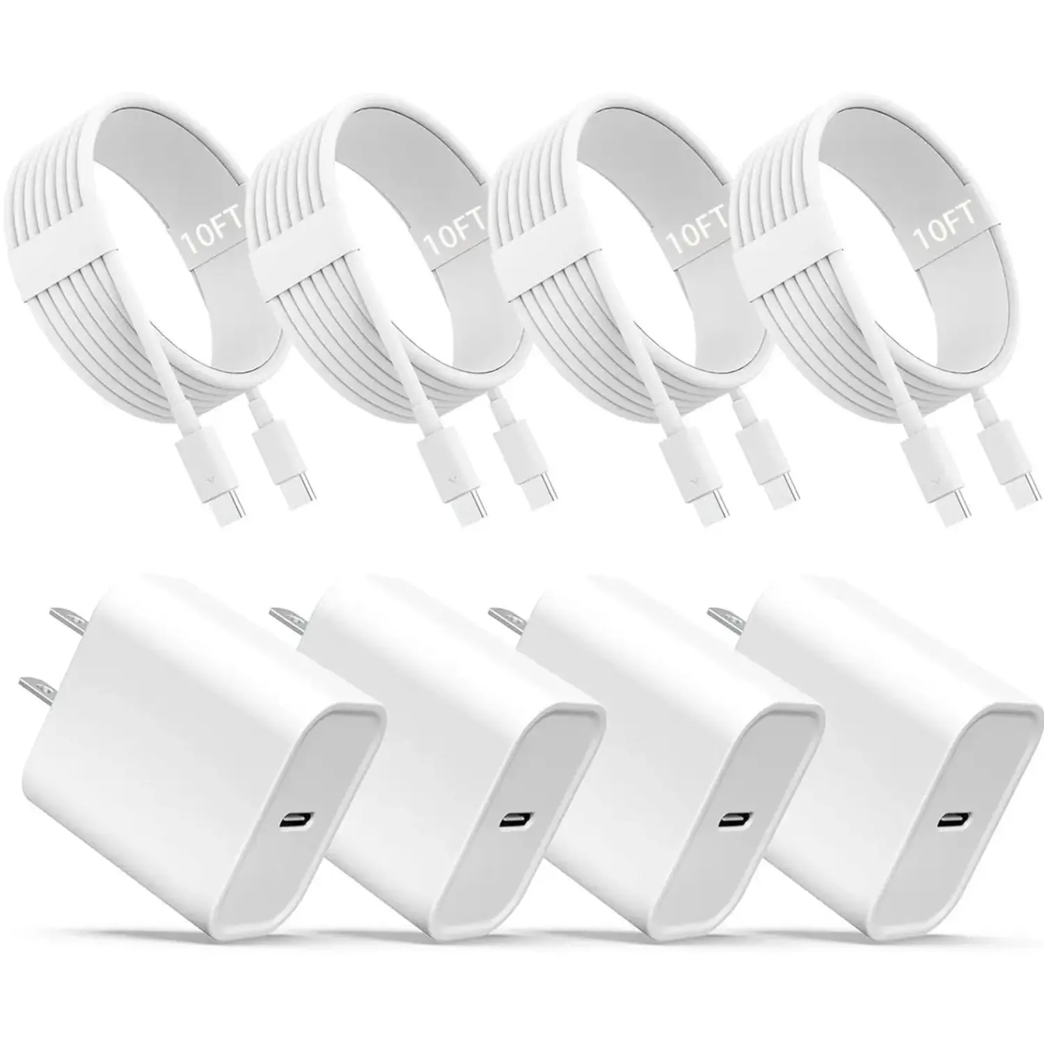 4-Pack USB C Fast Wall Charger, USB C Charger Block (4-Pack 6ft/10FT USB C Cable Included) for iPhone 17 16 15/15 Pro/15 Pro Max/iPad Pro/AirPods Samsung Springtok Smartphone