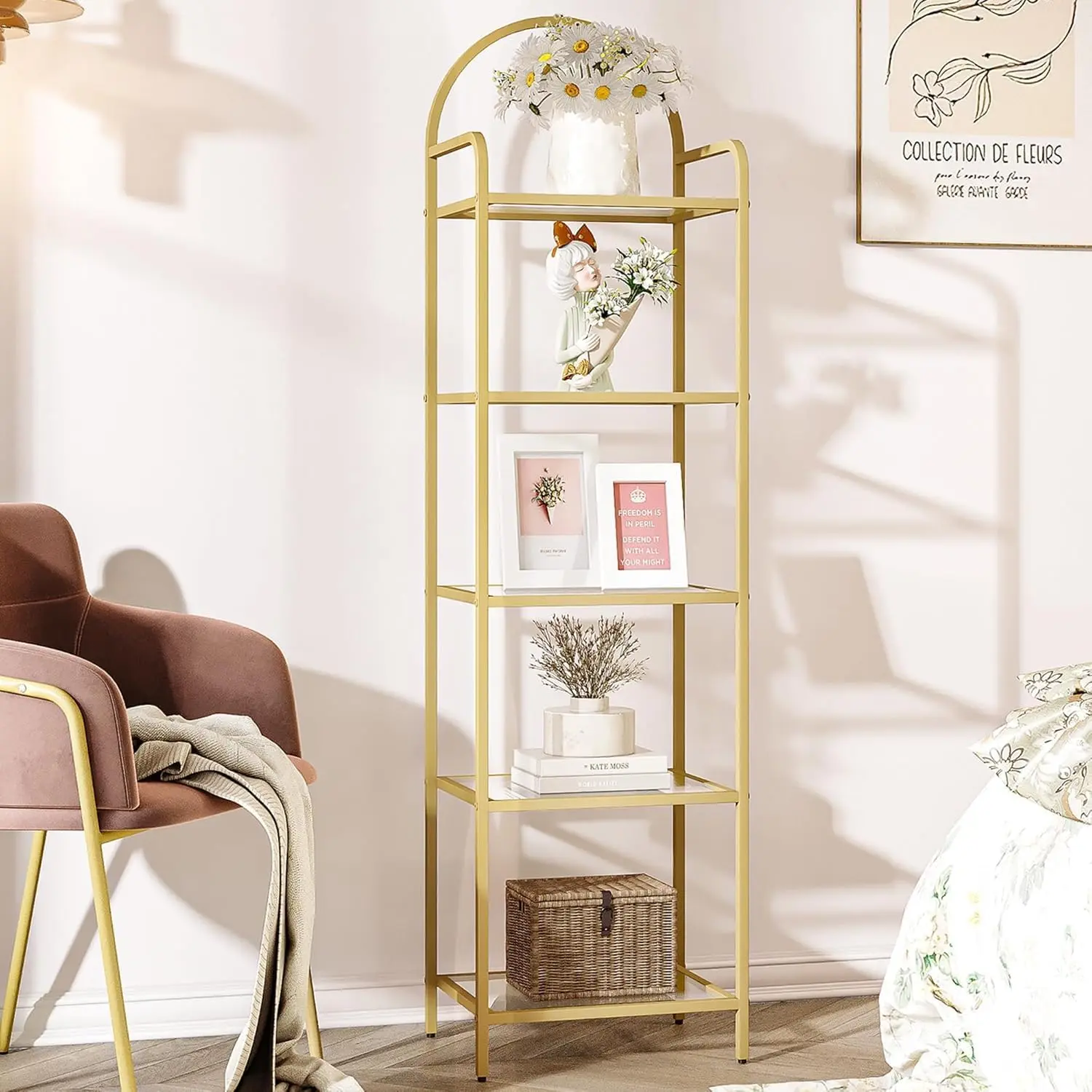 Bookcase Bookshelf, Tempered Glass Bookshelves, Slim Shelving Unit for Bedroom, Bathroom,  Office, Steel Frame, 5 Tier  BC05001G