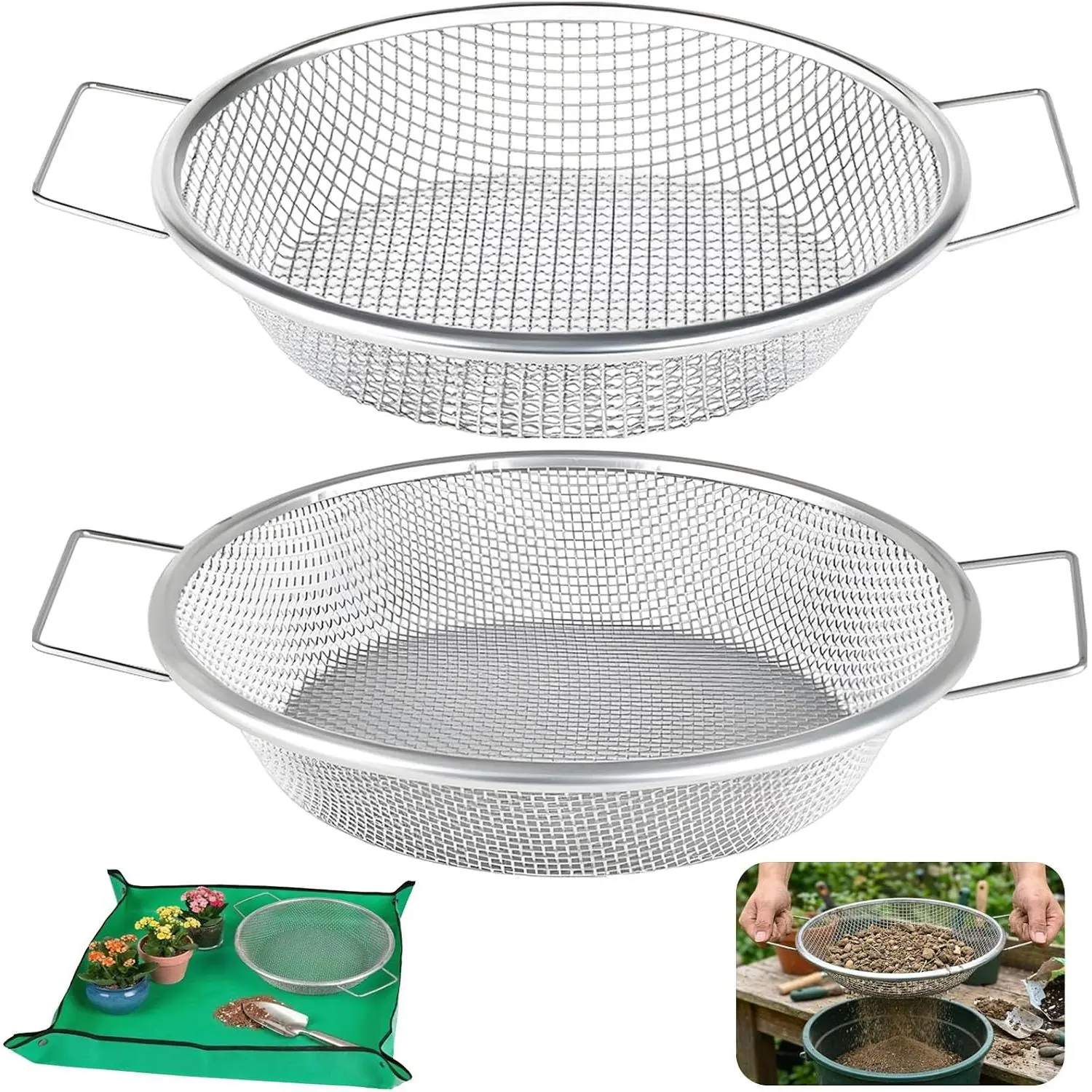 2PCS Stainless Steel Gardening Soil Sifter with Handle - 1/4in & 1/8in Mesh Screens for 5 Gal Bucket, Rock, Compost, Gravel Handling