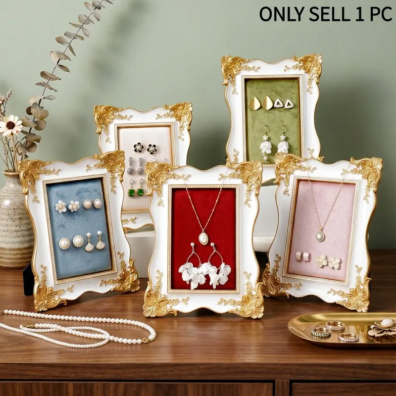 European Gilt Carved Velvet Earring Display Frame, Luxury Baroque Jewelry Storage Picture Frame, Tabletop Earring Stud Organizer for Vanity Dresser Decor
