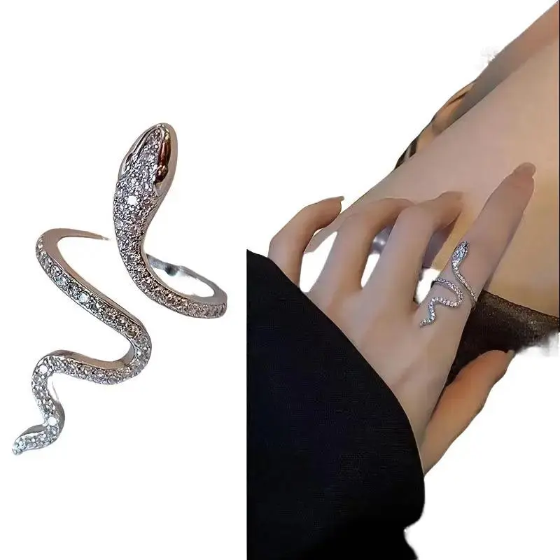 Glamorous Snake Open Ring Set for Women, 2-Piece Adjustable Band with Sparkling Cubic Zirconia, Fits Various Finger Sizes, Female