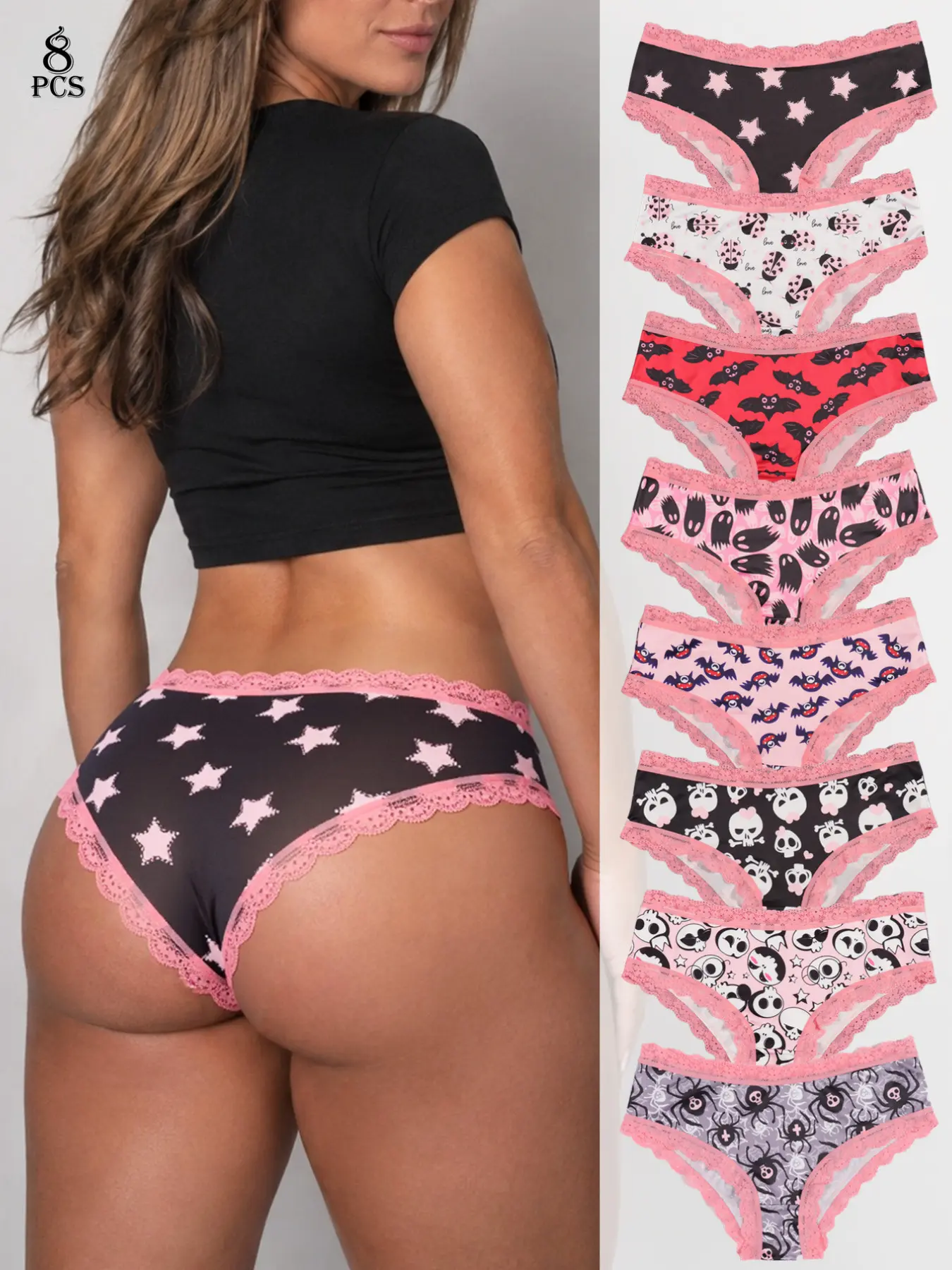 Morvia 8 Pack Flirty Star Print Lace Panties for Women, Cute Low Rise Bikini Lingerie Lace Patterned Underwear with Smooth Stretch Fit for women, Daily Wear