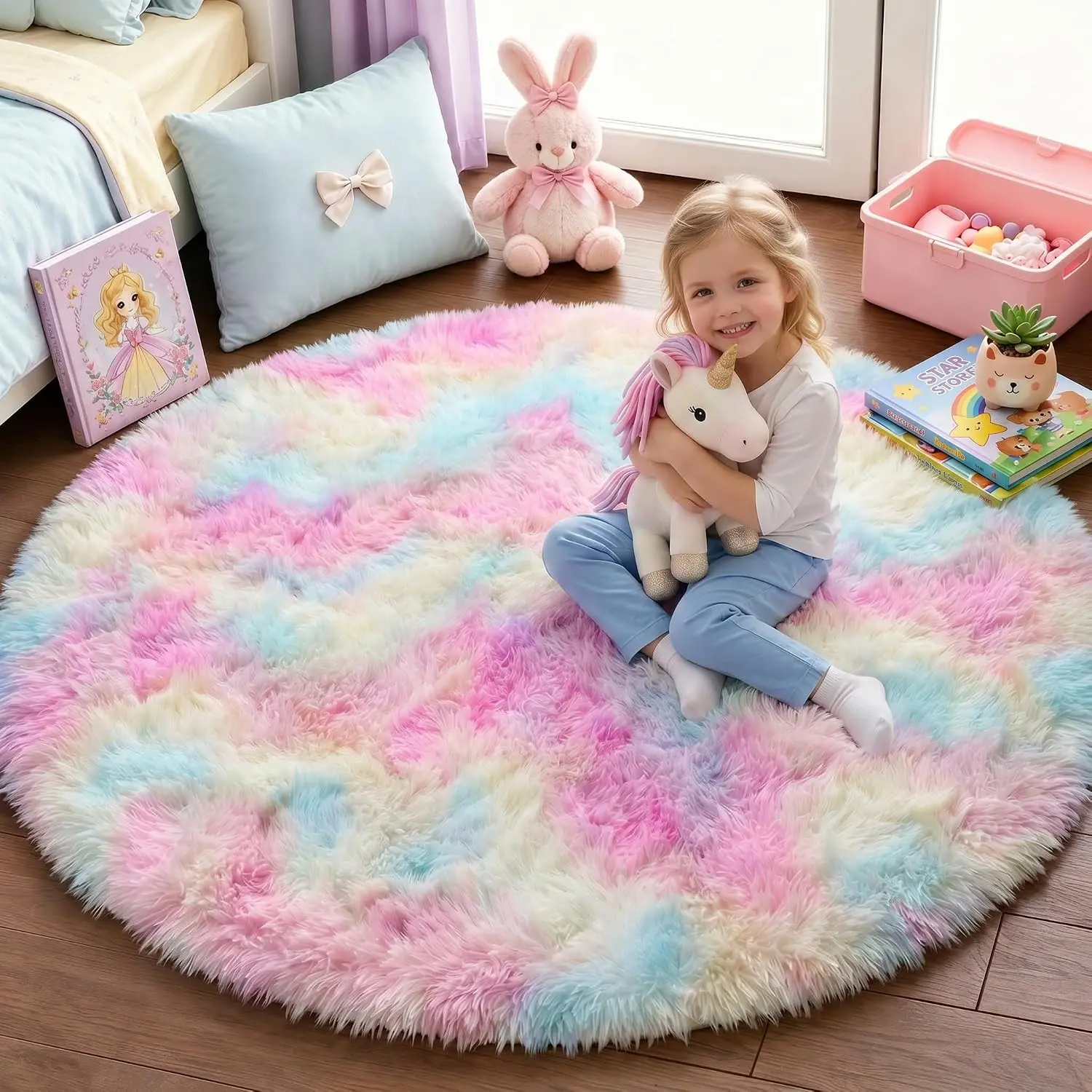 Rainbow Round Rug 4Ft, Super Soft Rugs for Girls Bedroom,Colorful Rug for Room Decor,Fuzzy Carpet for Kids Nursery,Circle Rugs for Kids Room,Shag Reading Nook Mat, Furry Rug for Baby