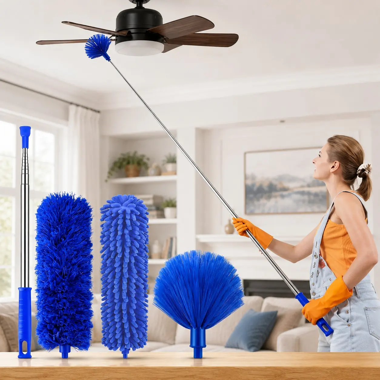 4-Piece Extendable Duster Kit with 3 Interchangeable Heads, Telescopic Pole, Duster with Extension Pole for Ceiling Fans, High Ceilings, Blinds, Shelves & Furniture