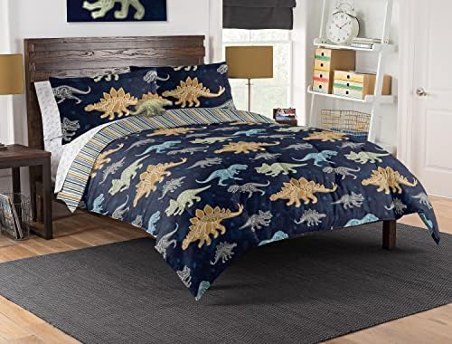 Classics Full Sized Dino Glow-in-The-Dark 8-Piece Bed in a Bag Set, All Bedding for Girls and Boys, Comforter, Flat Sheet, Fitted Sheet, Pillowcases, Pillow, Shams