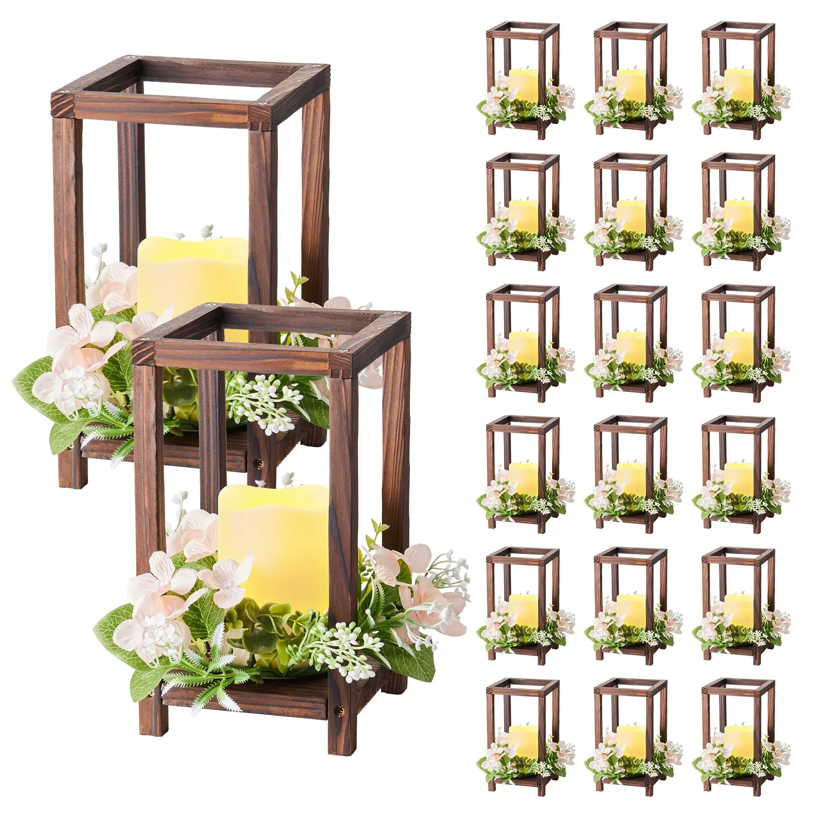 【DealsForYouDays】VEVOR 20 Set/60 Pcs Wooden Wedding Lantern Centerpiece, Includes 20 Wooden Lantern Candle Holder 20 Flameless LED Candle 20 Champagne Flower Wreath for Wedding Table Party Farmhouse Decor, Brown