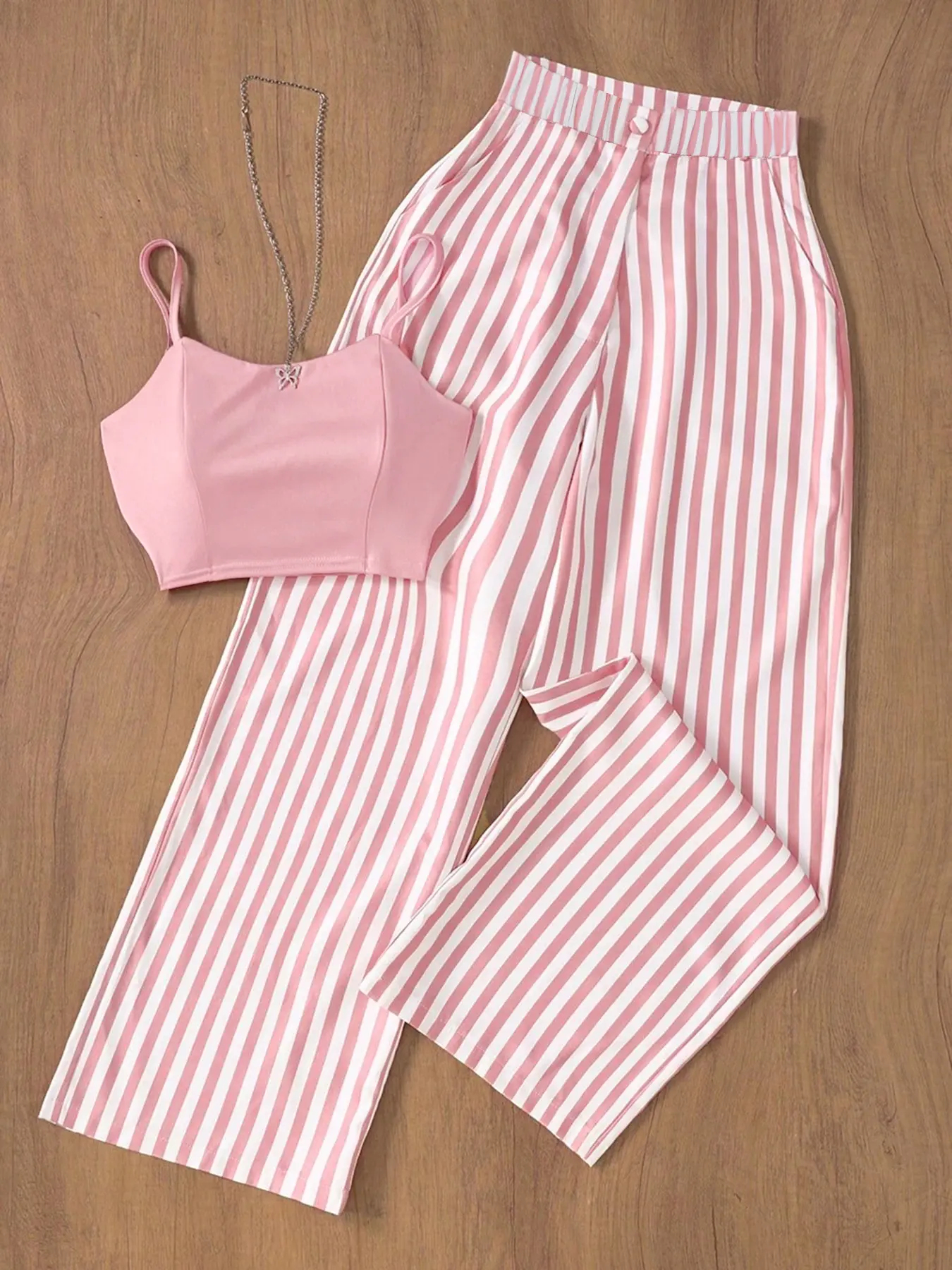 Women's Two Piece Outfit, Spaghetti Strap Crop Top and Striped Wide Leg Pants Matching Set, Casual Summer Vacation Co Ord for Travel, Beach, Resort, Weekend Brunch, Streetwear, Holiday and Daily Wear, Casual Style Set