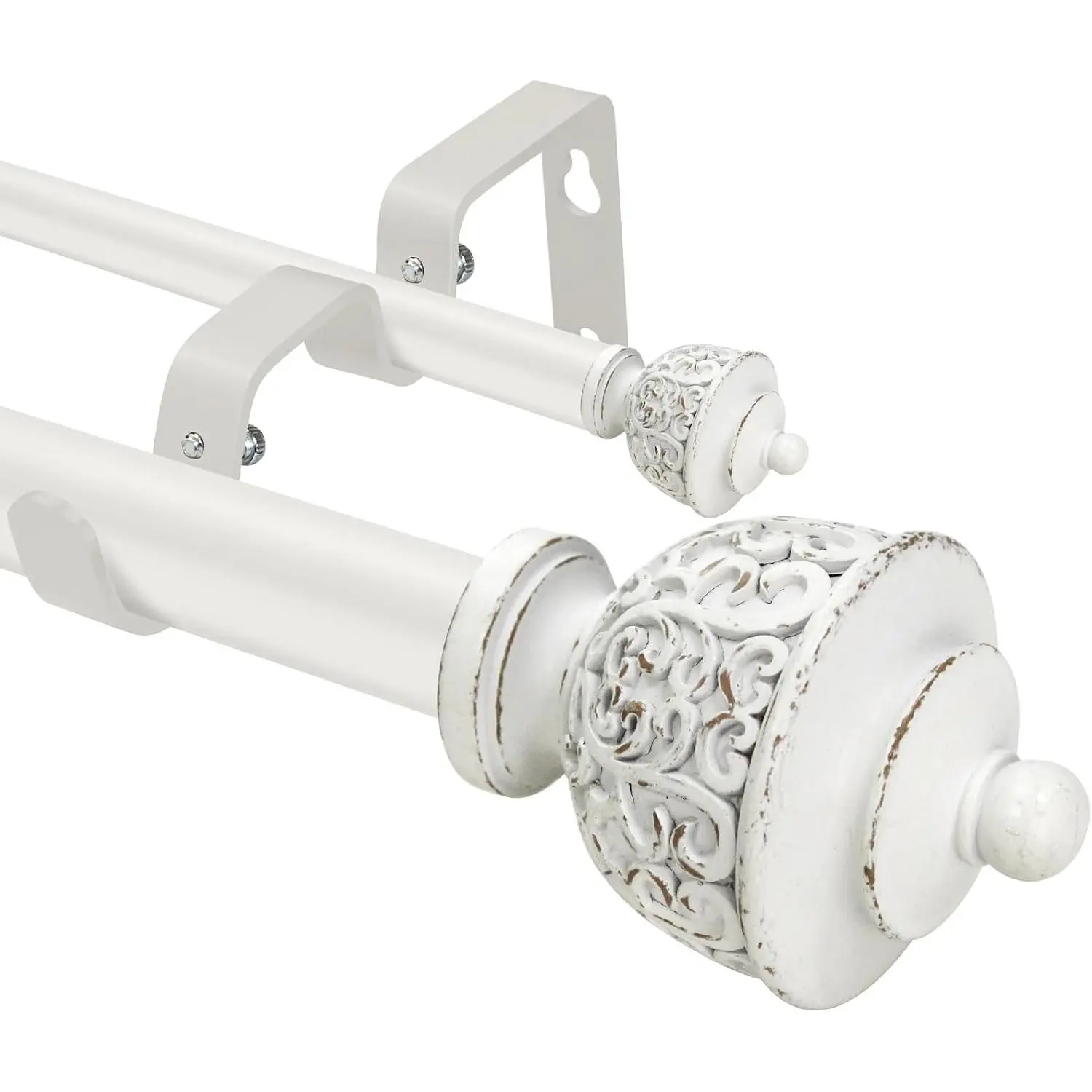 1 Inch White Double Curtain Rod with Vintage-style Finials-Tension Curtain Rods 28-48 Inchs for Bedroom&Home Decor