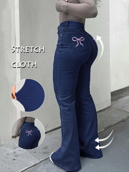 GILIPUR Y2K Women's Casual Denim Flared Pants Back Pocket Embroidered Bow Mother Stretchy Jeans Comfortable And Fashionable Women's Pants For All Seasons Stretchy Jeans Flared Pants Starched Stretchy Jeans Girls Stretch Stretchy Jeans