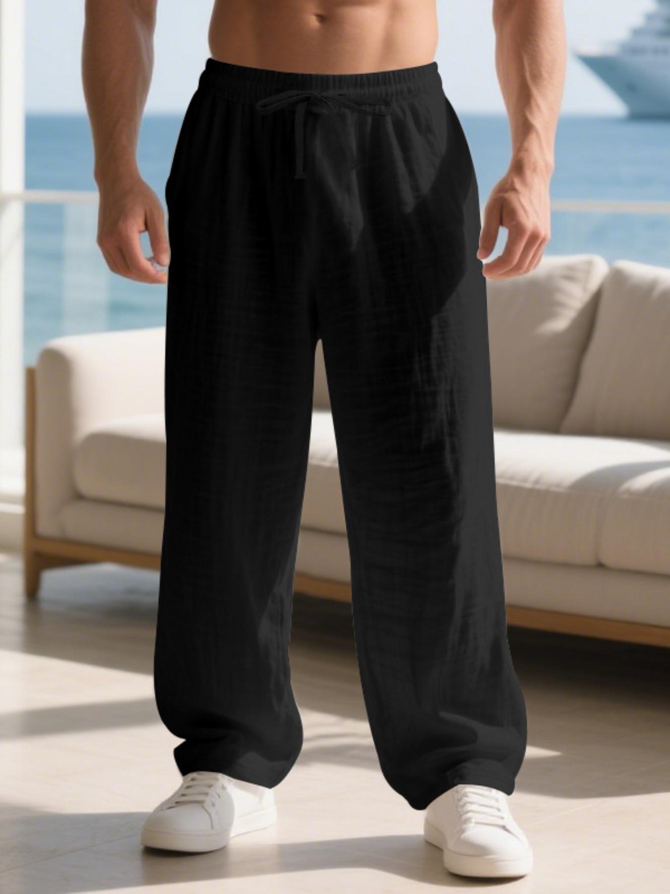 Men's Linen Long Pants Fit with Pockets, Casual Beach Pants, Summer Home Wear, Elastic Waistband & Drawstring, Spring & Fall Fashion